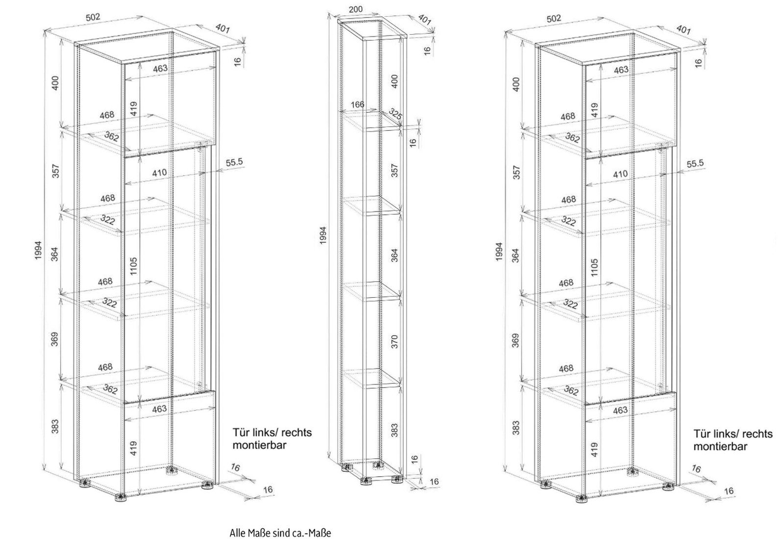 Aktenschrank 3-teilig, Furn.Design Set Fächer in mit Eiche, Wotan 200 Center 15 (Büroschrank x cm) 120 grau