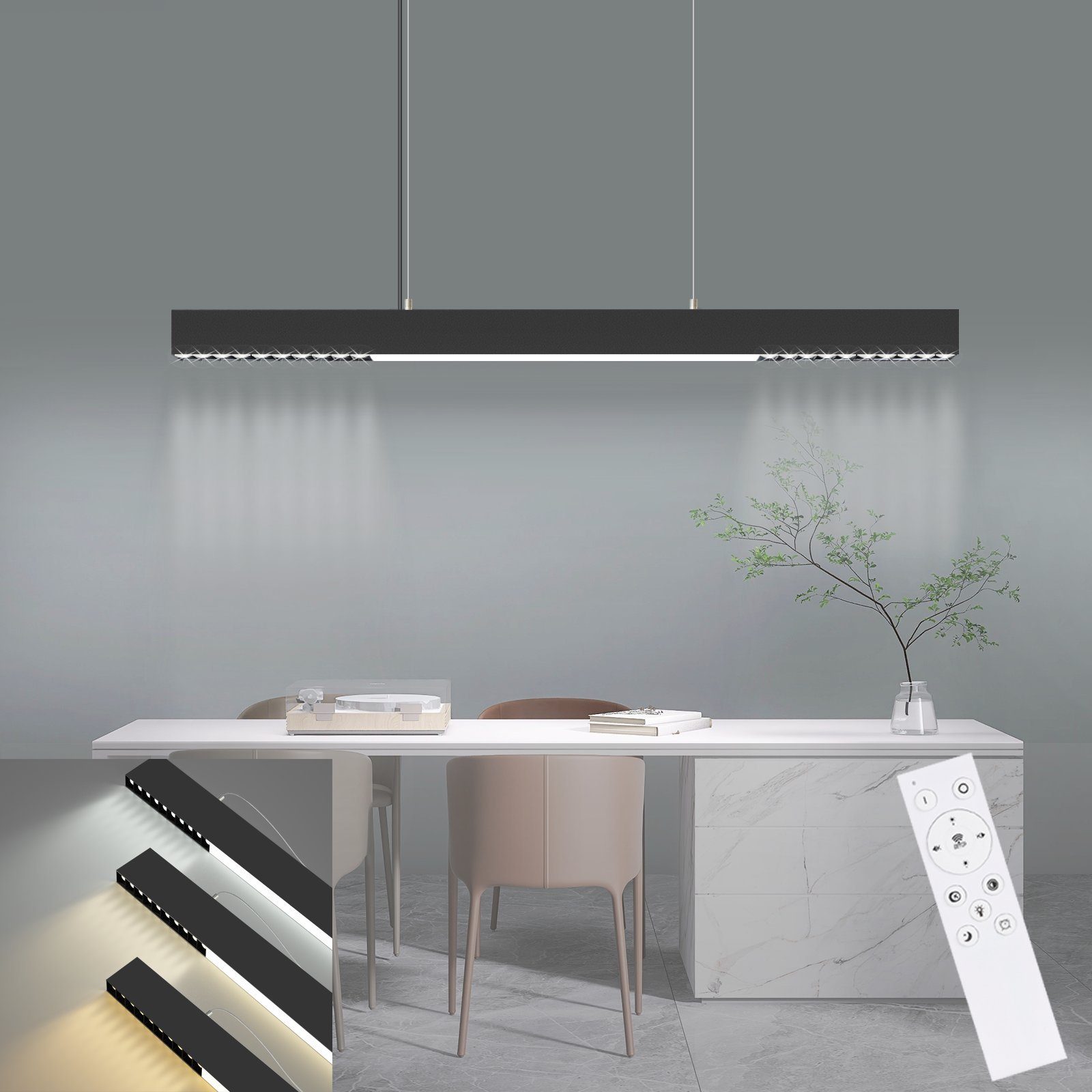 ZMH LED Pendelleuchte Esstisch Hängelampe Dimmbar - Modern mit Fernbedienung, LED fest integriert, Tageslichtweiß, weiß, 53W, dimmbar, Lang Linear schwarz1