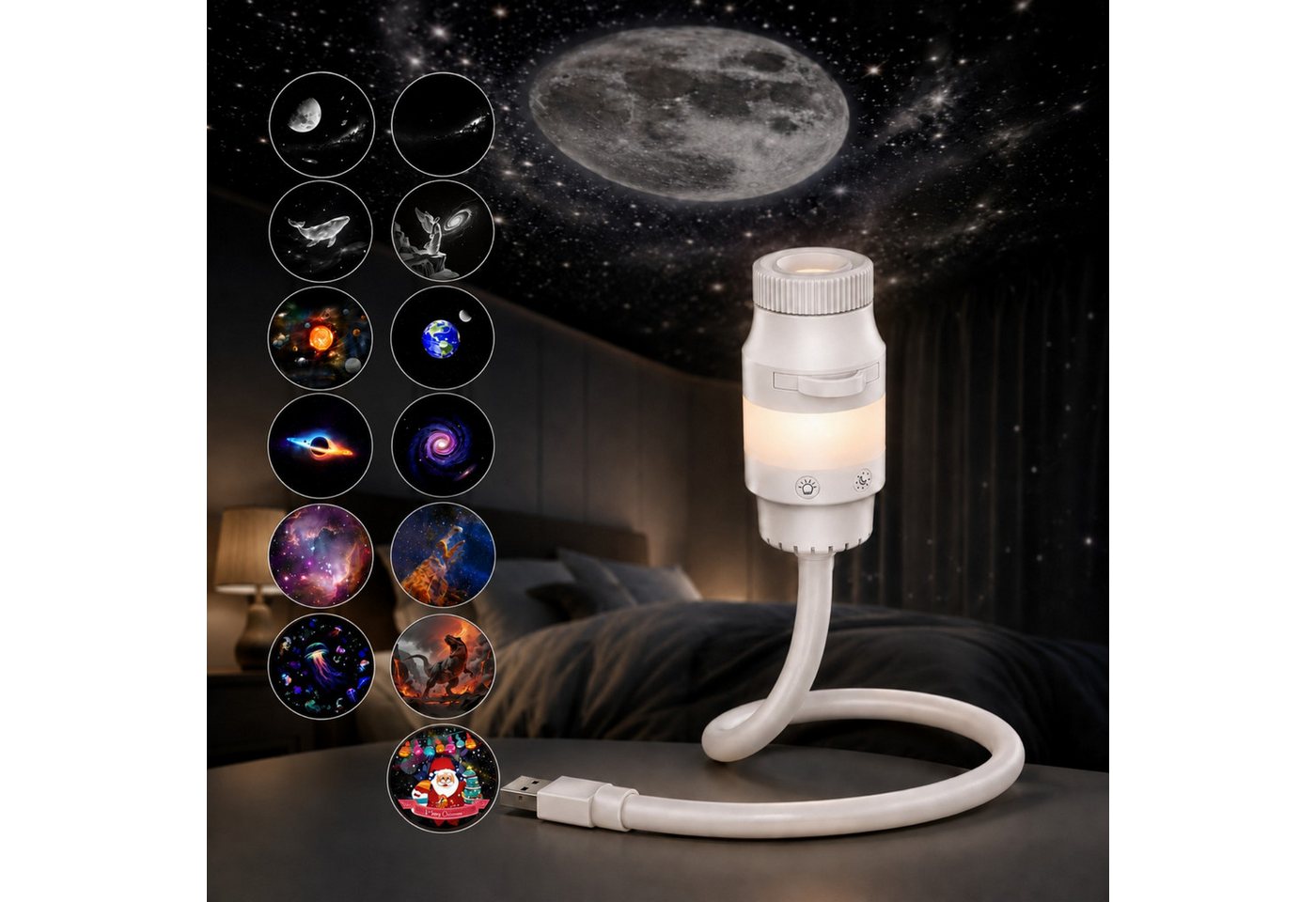 QUBEBU LED Nachtlicht Sternenhimmel Projektor USB Sternenprojektor mit 6 Projektionsfolien, Touch-Steuerung, LED fest integriert, Galaxy Starry Deckenprojektor für Schlafzimmer, Planetarium Projector, 2-in-1 Flexibel Dimmbar Nachtlicht, Geschenke für Erwachsene Kinder