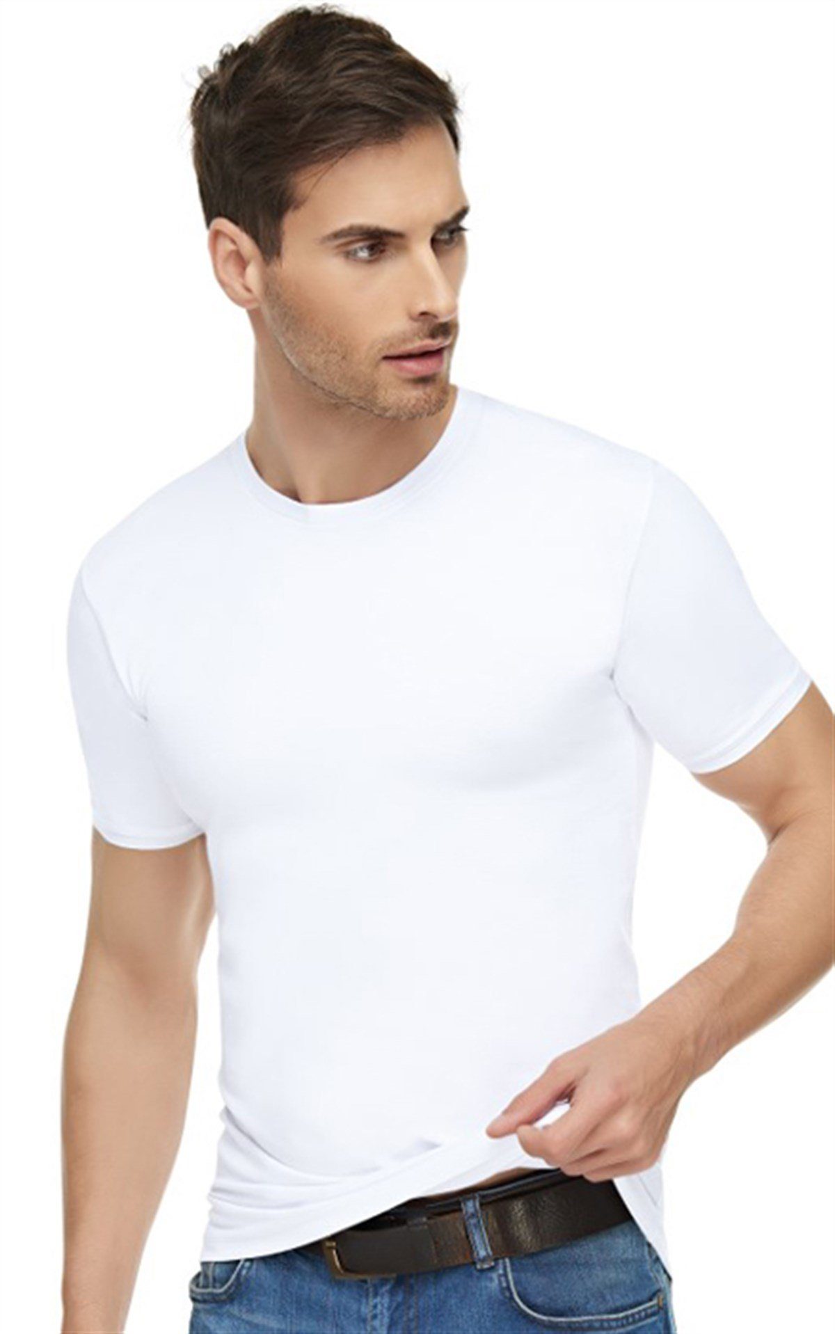 Selef Creation Unterhemd 2er Set T-Shirt Business mit Kurzarm und Rundhals aus Baumwolle (2er Set) Weiß