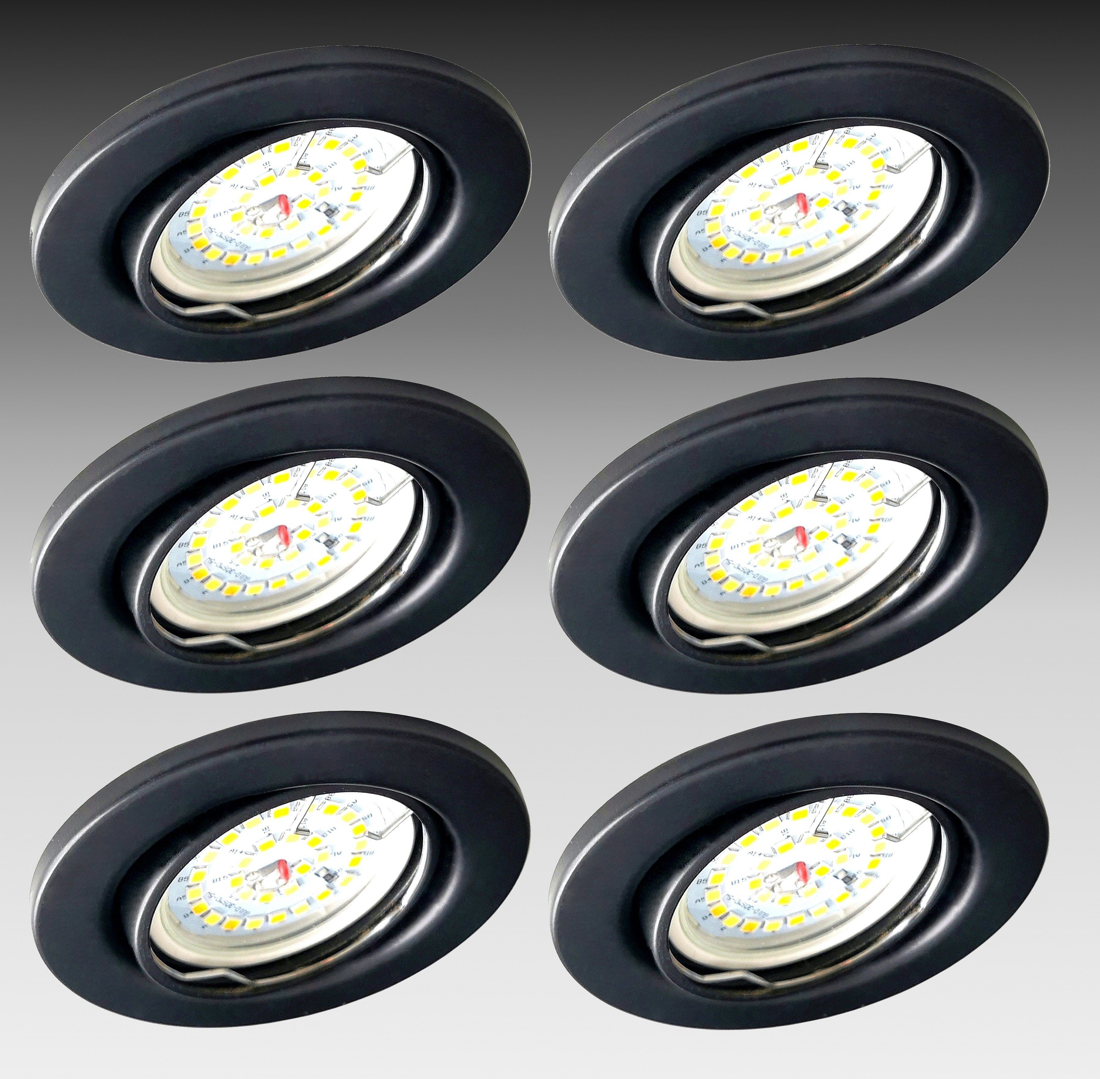 TRANGO LED Einbauleuchte, 6er Set 6729-065M36K LED Einbaustrahler Schwarz matt inkl. 6x 5 Watt CCT Farbtemperatur Steuerung 2700K-4000K-6500K LED Modul, Einbauspot, Deckenleuchte, Downlight, Deckenlampe