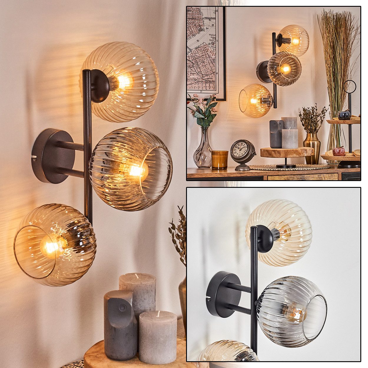 hofstein Wandleuchte Wandlampe aus Metall/Riffelglas in Schwarz/Bernstein/Rauch/Klar, moderne Leuchte im Retro/Vintage-Design (Schirme Ø 15 cm), E14