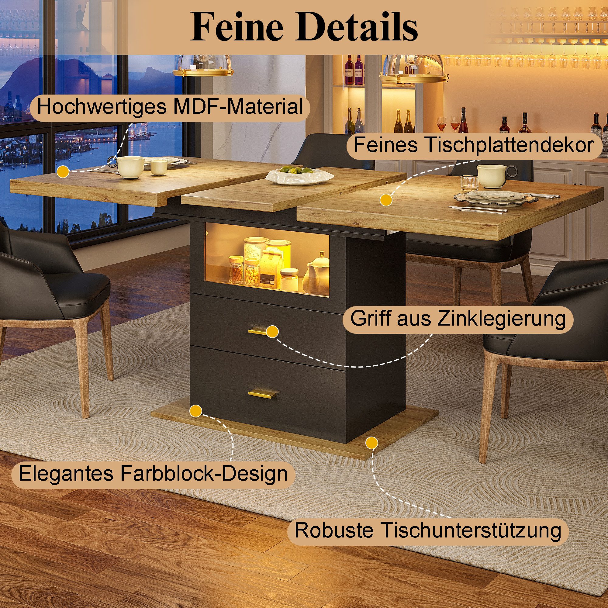i@home Esstisch ausziehbarer Esstisch, (110-140)*80*75 cm (1 Tisch), Mit LED-Beleuchtung Esstisch, Platz für bis zu 6 Personen – Bild 3 von 5