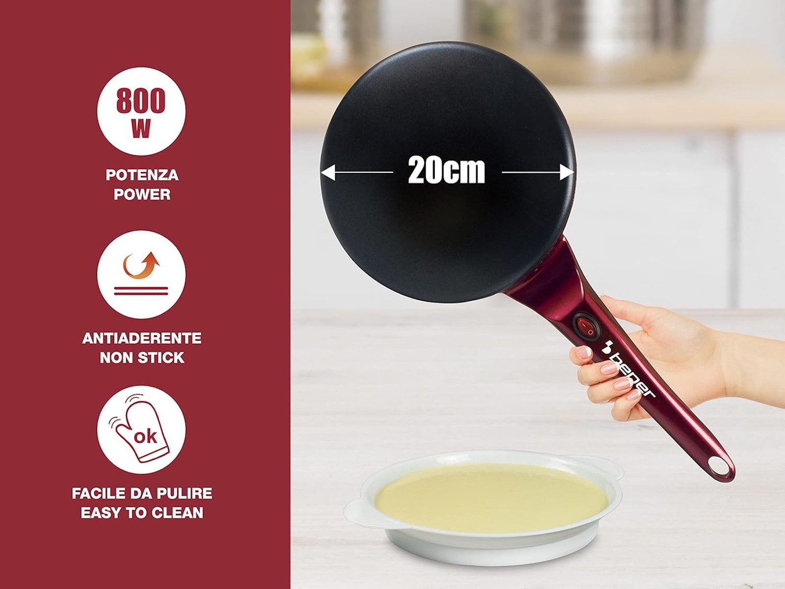 Beper Crêpesmaker Elektrischer Crêpes Maker 800W mit Antihaftplatte & Teigbehälter, 800 W, Ø 20 cm
