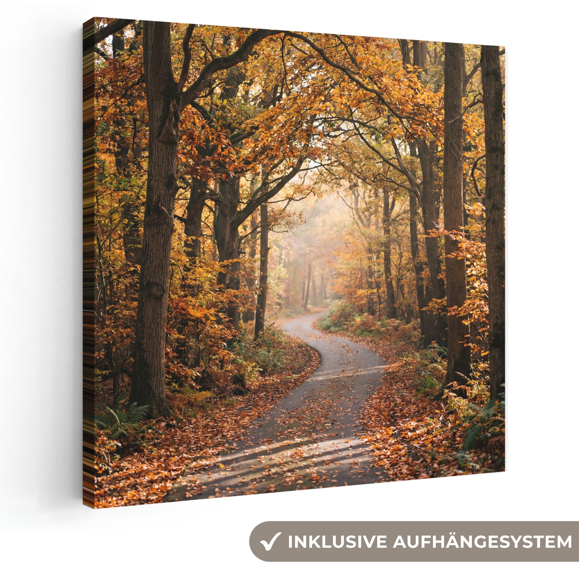 OneMillionCanvasses® Leinwandbild Waldweg - Herbstwald - Blätter - Orange - Nostalgisch, Fotodruck (1 St), Wandbild, Deko Schlafzimmer Wohnzimmer Flur 20x20 cm