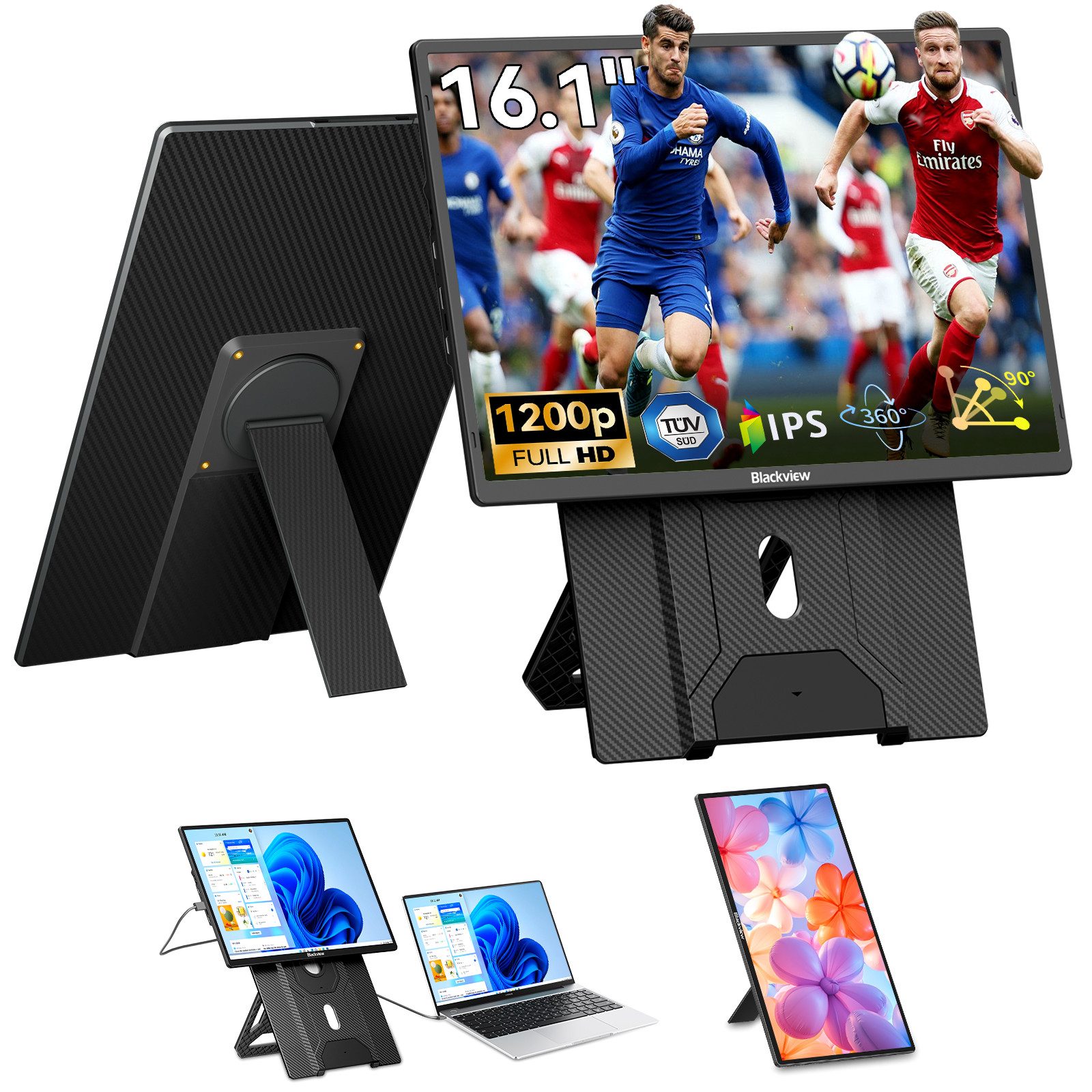 blackview 16 Zoll FHD Laptop Bildschirm Erweiterung Table 9, LCD, IPS, 1920×1200 Portabler Monitor (41 cm/16 ", 1920x1200 px, Full HD, IPS, 360°, Gaming Monitor, Kompatibel mit Windows/Mac/Android/ChromeOS)