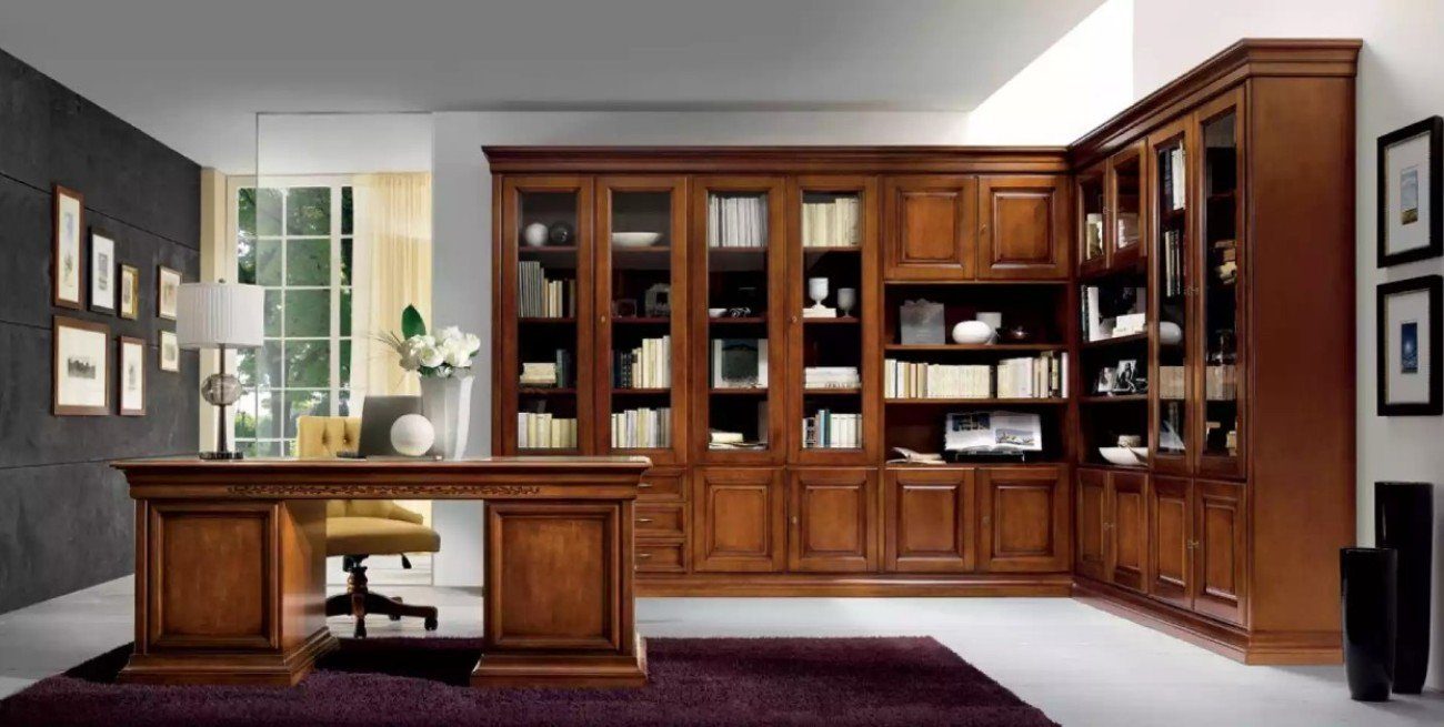 Möbel + in Büromöbel 1x Schreibtisch 1x Bücherregal), Schreibtisch Braun Europa Tisch JVmoebel Made (2-St., Holzmöbel Eckschreibtisch Klassischer