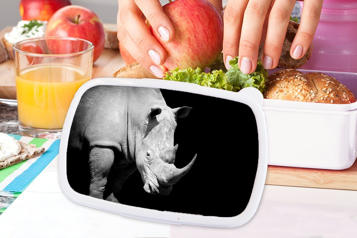 MuchoWow Lunchbox Porträt, - Mädchen weiß und und (2-tlg), Brotdose, für Kunststoff, für Jungs Rhinozeros Erwachsene, Kinder Brotbox - Tier