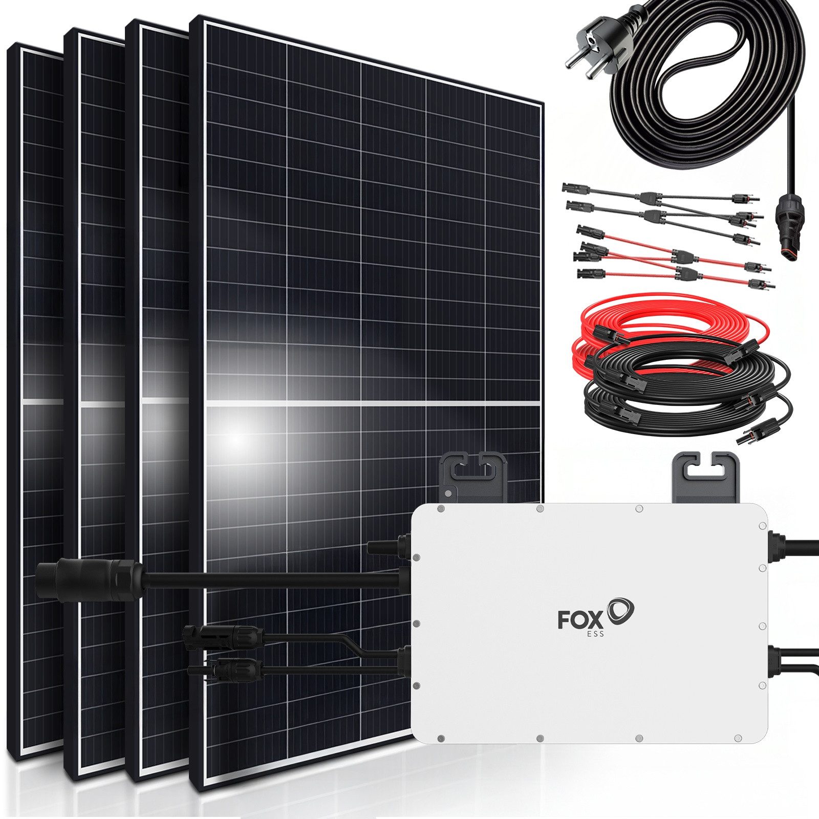 SUNNIVA Balkonkraftwerk 1800W/800W komplett Steckdose, (Fox ESS 800W Wechselrichter - PV Solaranlage Komplettset - 4x 450W (1800W) Solarmodule, Black Frame - inkl. 5m Kabel - Bluetooth, WIFI)