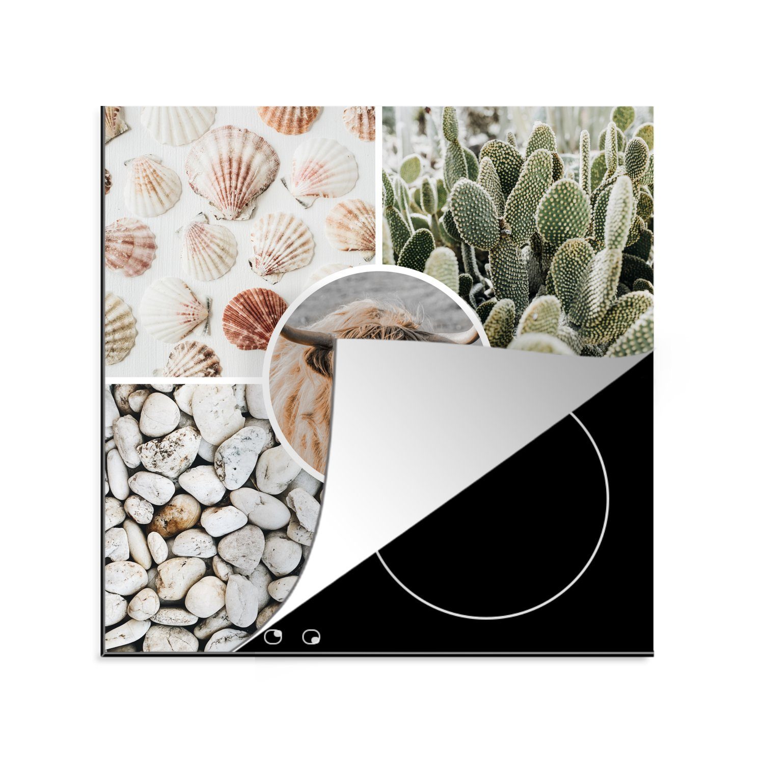 MuchoWow Herdblende-/Abdeckplatte Schottischer Highlander - Collage - Steine - Sand, Vinyl, (1 tlg), 78x78 cm, Ceranfeldabdeckung, Arbeitsplatte für küche