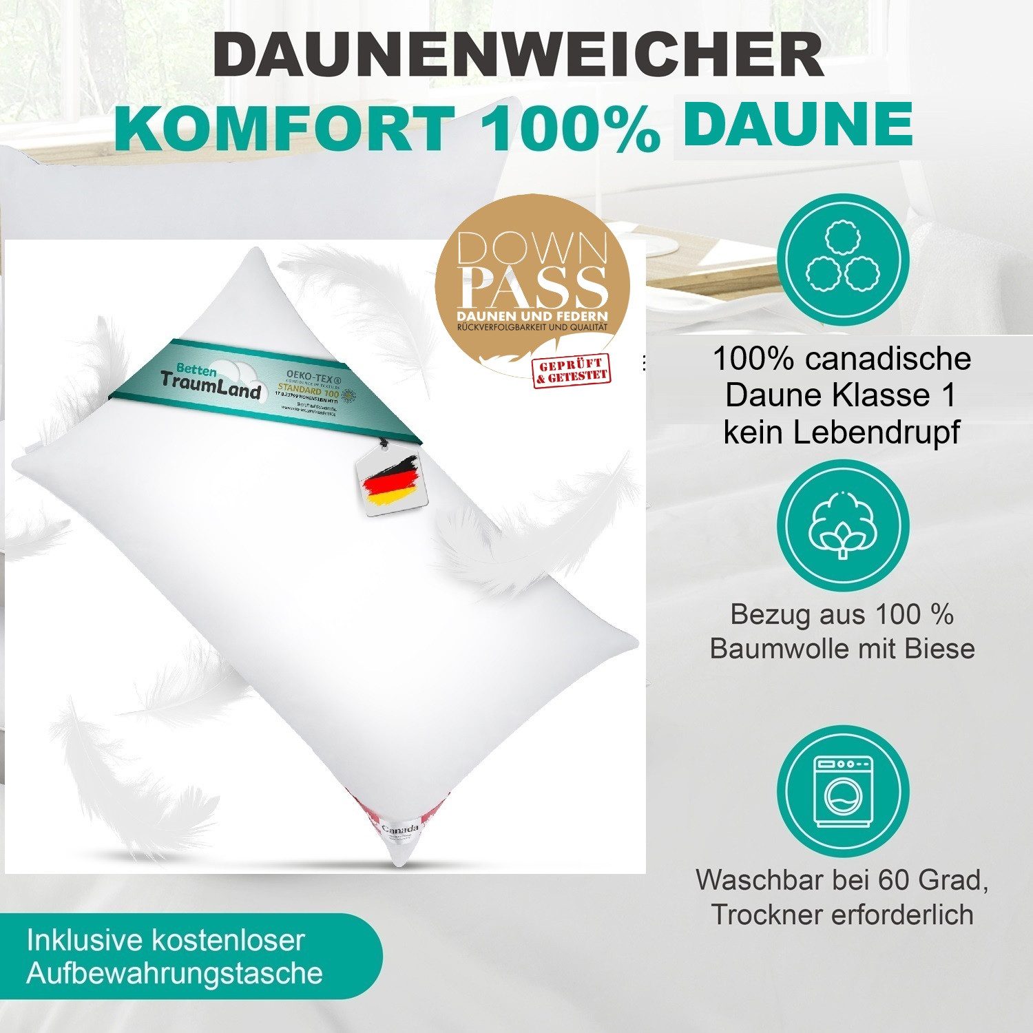 Canada Daunenkissen Daunenkissen Canada 100% Daune ohne Federchen Klasse 1, Füllung: Daune, Klasse 1, Bezug: 100% Baumwolle, Bauchschläfer, Seitenschläfer, Rückenschläfer, weiches Daunenkissen ohne Stützkraft
