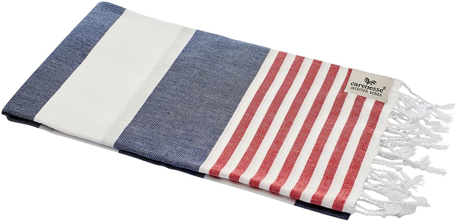 Carenesse Strandtuch Fouta Hamamtuch Strandtuch 100 Tommy & cm 180 Hamam breite saugfähig blau-weiß-rot, Baumwolle, Camping Baumwolle Saunatuch x Towel Handtuch Pestemal