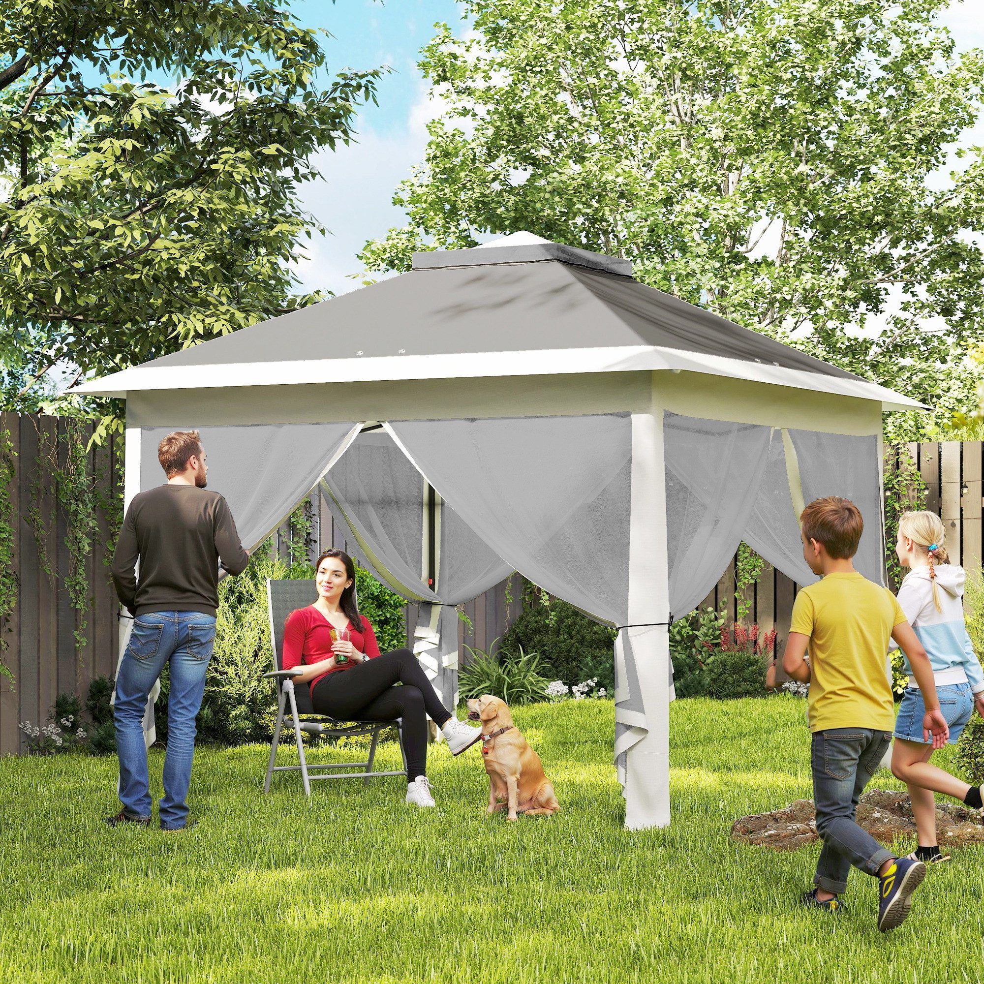 Outsunny Faltpavillon Pavillon 3,3x3,3m wasserabweisend Winterfest Pop-up mit Doppeldach, mit 4 Seitenteilen, (Pavillon, Partyzelt), für Camping Garten Dunkelgrau