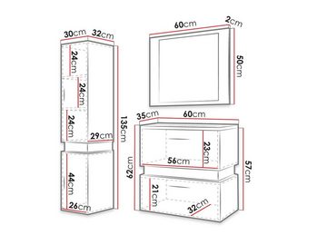 MIRJAN24 Badmöbel-Set Trio III, (4er-Set, Hängeschrank, Waschbeckenschrank, Spiegelpaneel, Waschbecken), schwarze Einsätze und Griffe betont