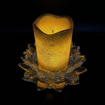 Online-Fuchs Kerzenständer als Lotusblüte aus Glas mit LED Kerze inkl. Timer GOLD 543, Maße: 8 x 17 cm Kerze: 10 x 7,5 cm Glitzerkerze inkl. 6 Stunden Timer