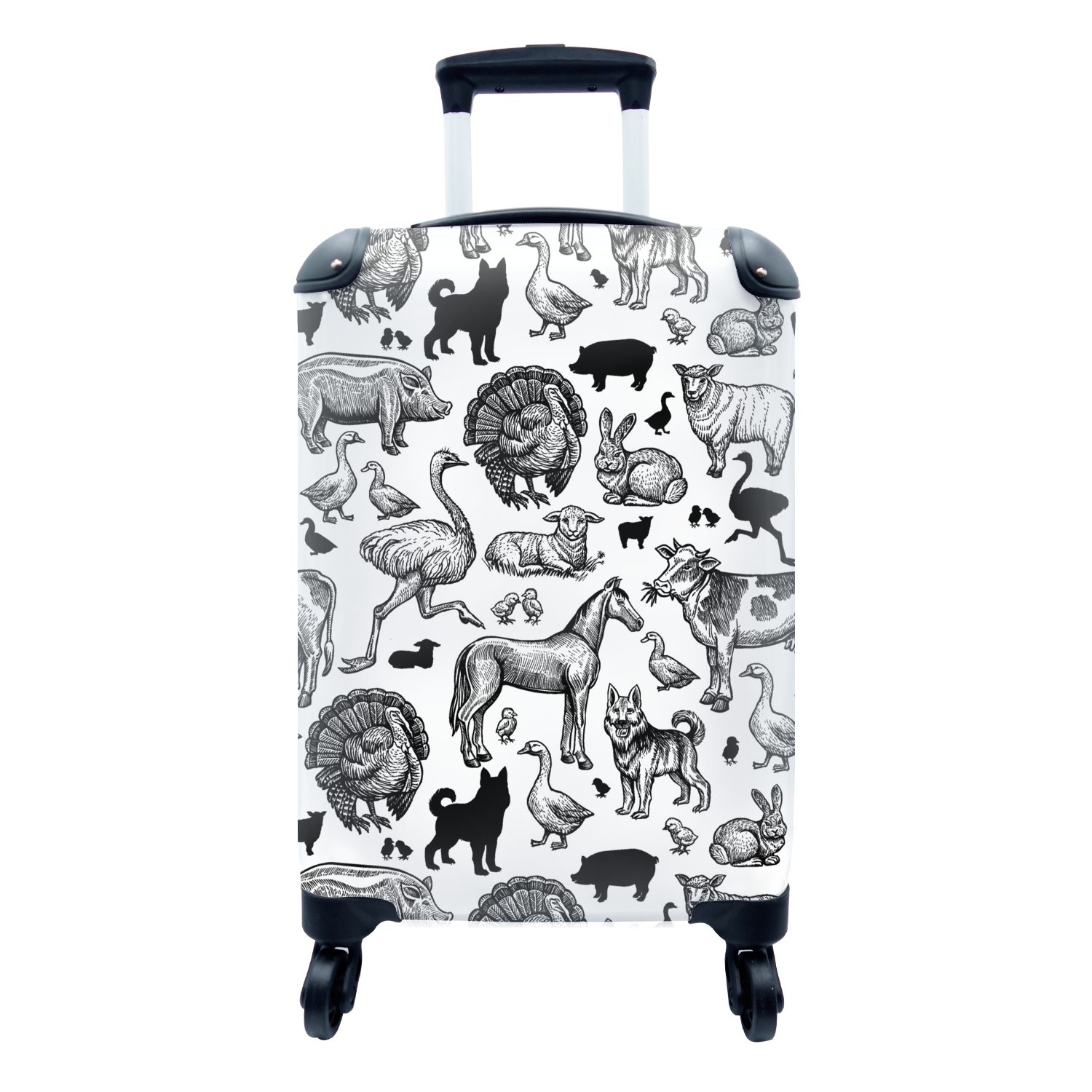 weiß, Rollen, und rollen, Reisetasche Muster Schwarz MuchoWow - Ferien, Trolley, Tiere 4 für - mit Handgepäck Reisekoffer Handgepäckkoffer