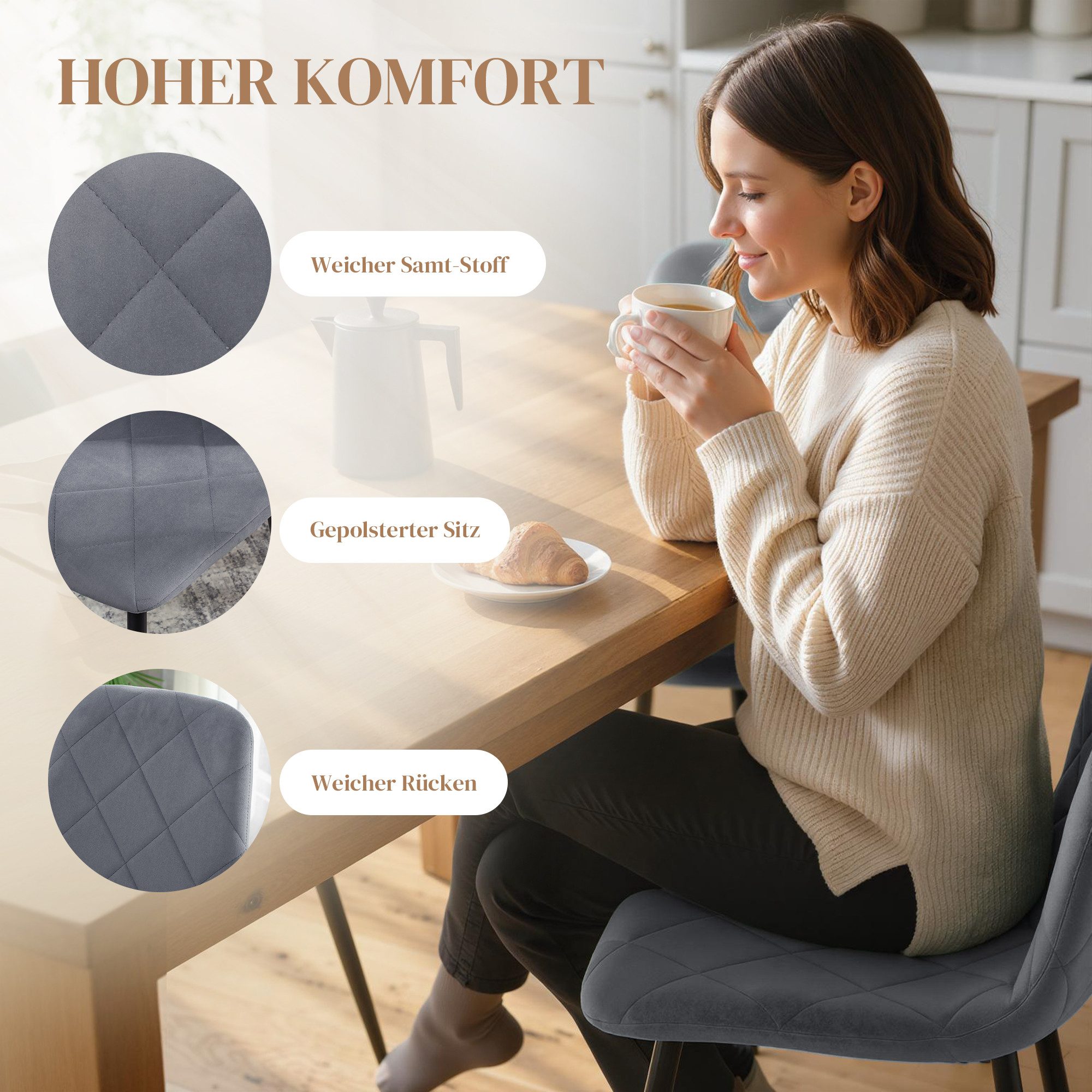 HOMCOM Esszimmerstuhl Küchenstuhl mit Rückenlehne, Samtoptik, Modern Polsterstuhl (Stühle mit Stahlbeine, 4 St), für Esszimmer, Esstisch, Dunkelgrau – Bild 4 von 5