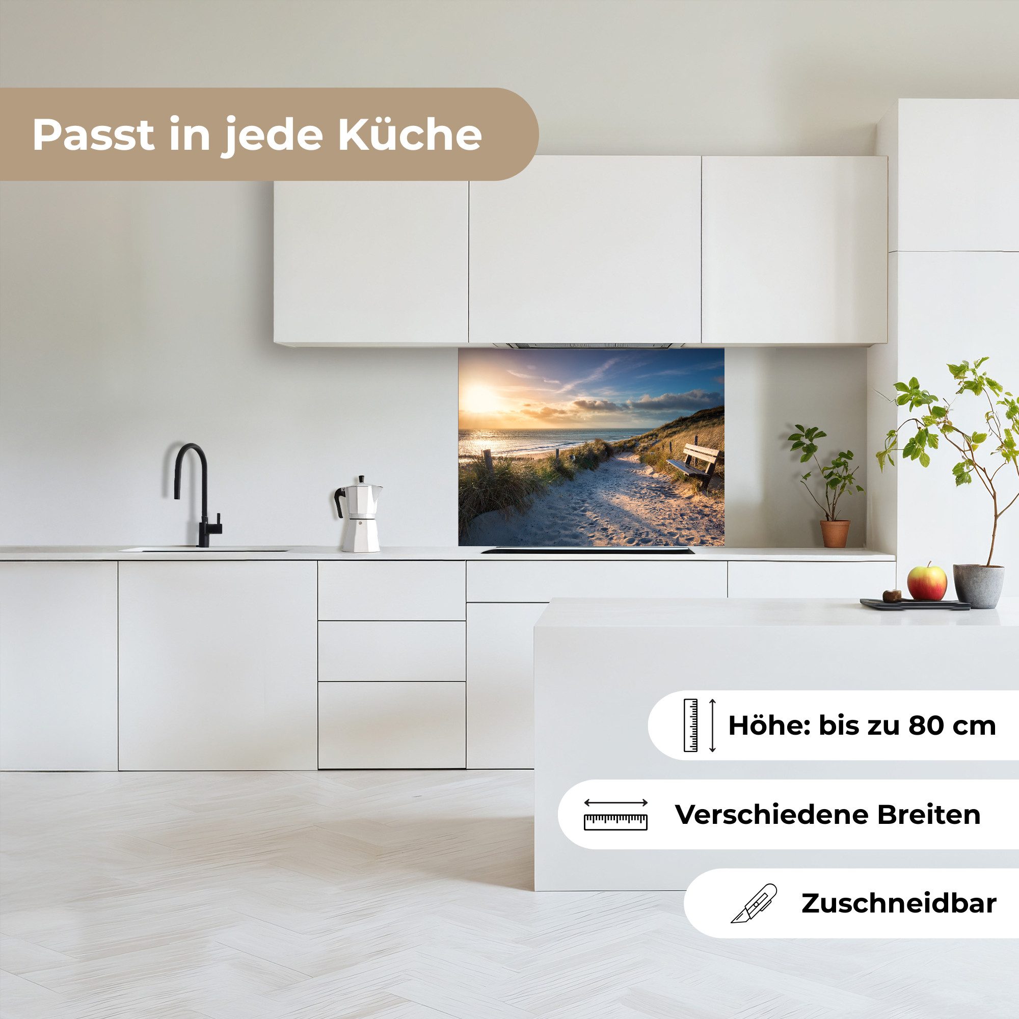 KitchenYeah Küchenrückwand selbstklebend Sonnenuntergang - Strand - Düne - Gras - Bank, (1-tlg), Spritzschutz, Küche, Rückwand, Küchenwand, Küchenfront, 80x60 c – Bild 4 von 5