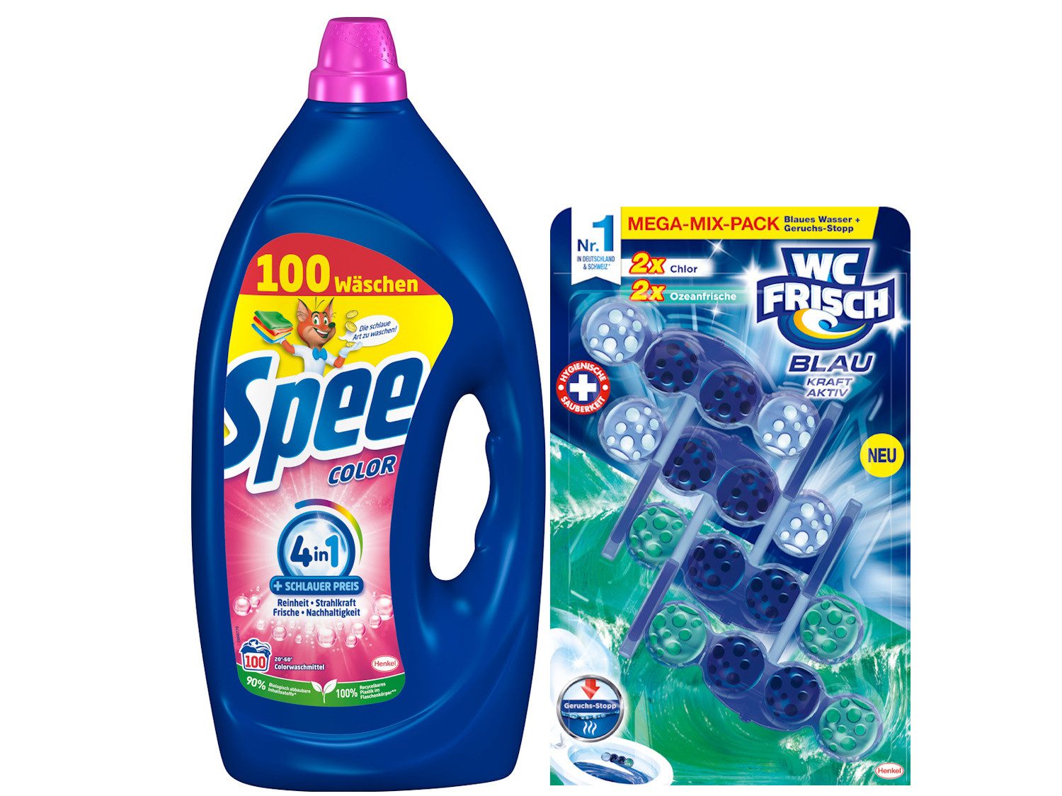 Spee 4 in 1 Color Gel 100 WL & WC FRISCH Kraft Aktiv Blauspüler Mega-Pack Colorwaschmittel (Spar-Set, [2-St. Flüssigwaschmittel & Toilettenstein für Reinheit & Sauberkeit)