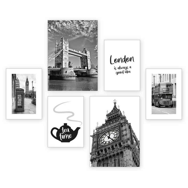 Kreative Feder Poster, London, Stadt, City, England, Britisch, Big Ben, London Bridge (Set, 6 St), 6-teiliges Poster-Set, Kunstdruck, Wandbild, Posterwand, Bilderwand, optional mit Rahmen, WP536