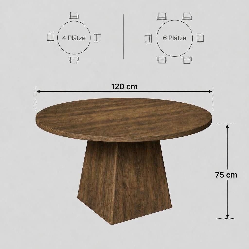 GarveeMore Esstisch Runder Küchentisch 120cm Beistelltisch Wohnzimmertisch Säulen-Esstisch (1-St), dicke Tischplatte und quadratischer Fuß, Bietet Platz für 4–6 Personen