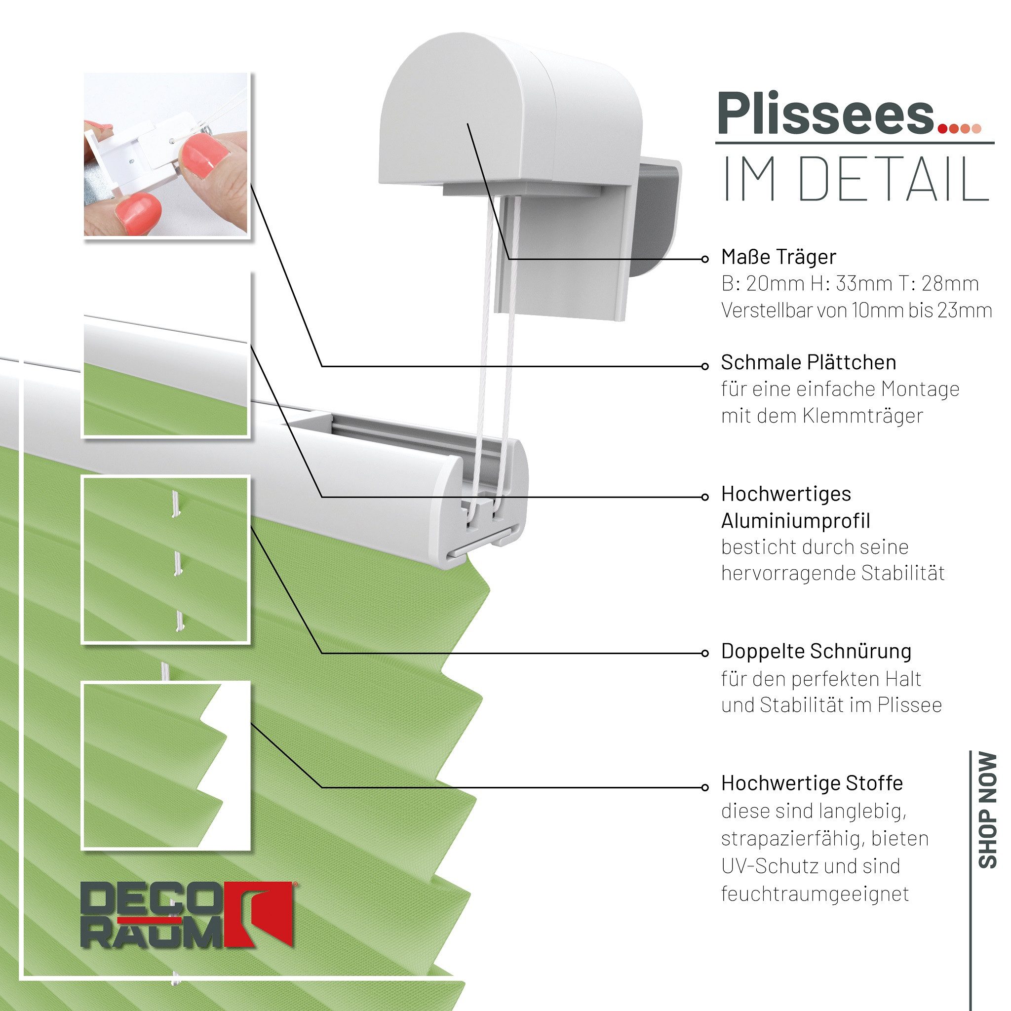 Deco-Raum Plissee Basic, blickdicht, Klemmträger, auf dem Fenster-/Türrahmen, Klemmfix, einfache Montage, in verschiedenen Farben und Größen ohne Bohren