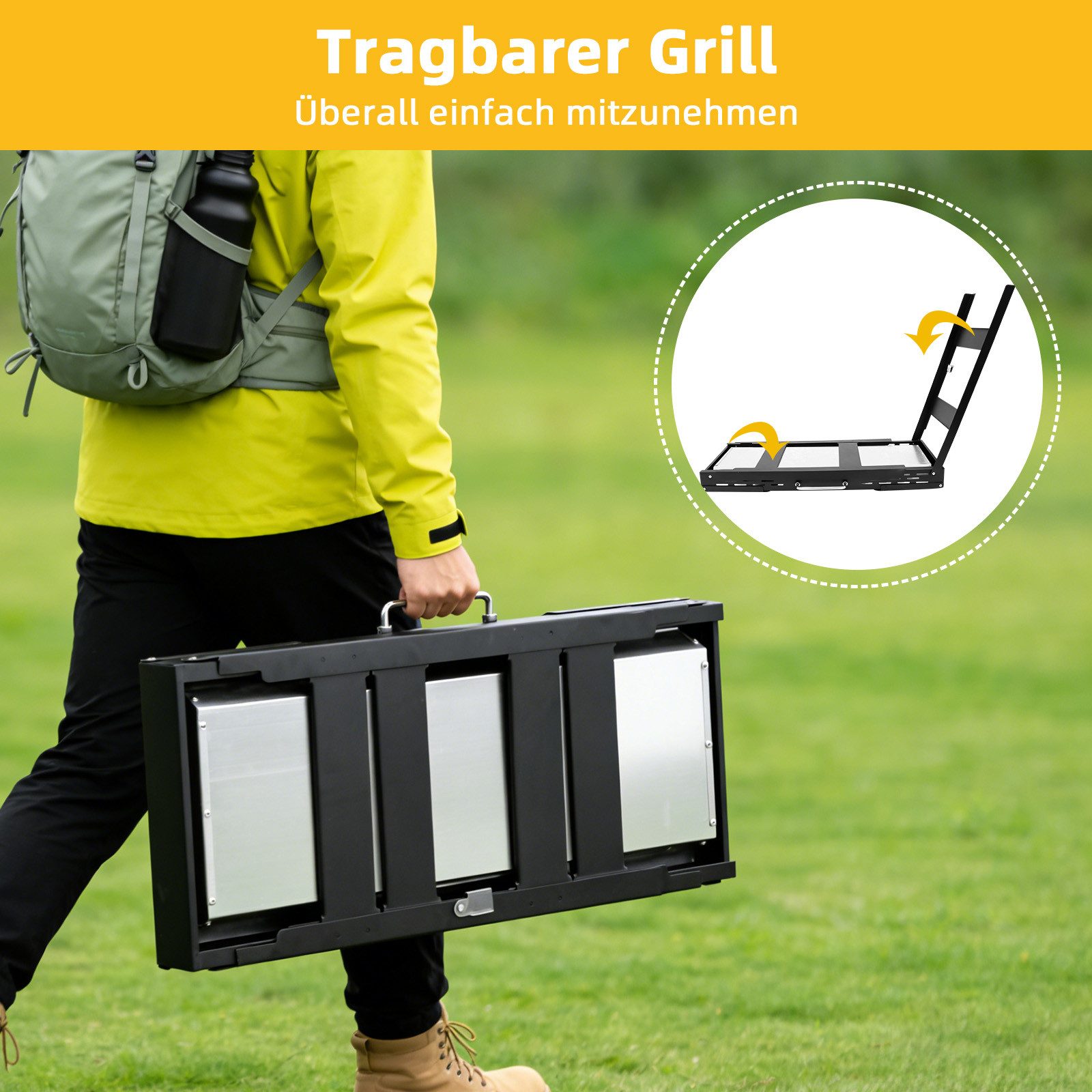 SunJas Holzkohlegrill K-603 Tragbar Klappgrill mit Praktische Seitenablagen, Untergitter, Tischgrills Picknick grill Campinggrill Geeignet für 3–5 Personen