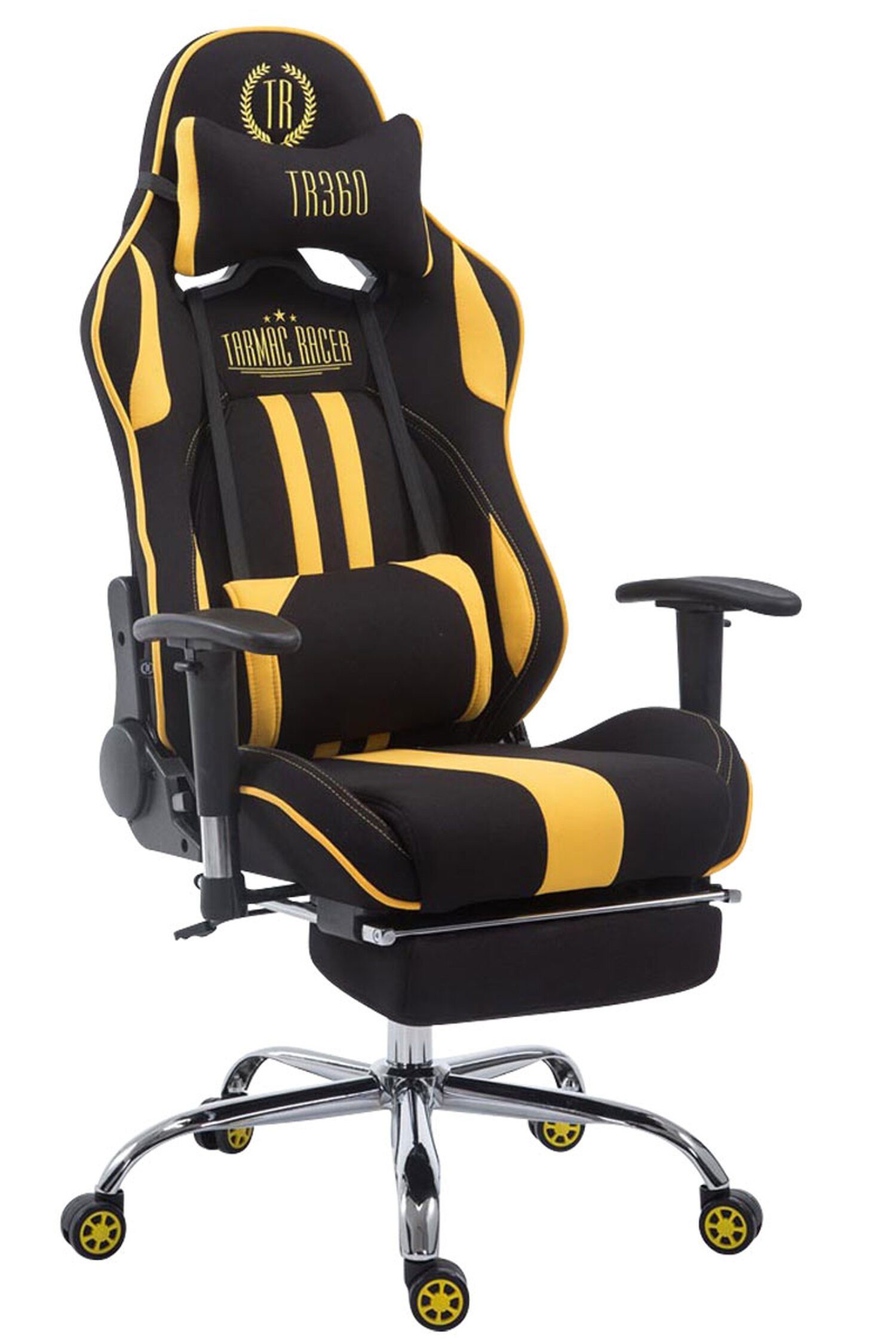 TPFLiving Gaming-Stuhl Limitless-2 Racingstuhl, mit bequemer (Schreibtischstuhl, Stoff Gamingstuhl, - - 360° Gestell: schwarz/gelb höhenverstellbar drehbar - Drehstuhl, Sitzfläche: chrom Metall Chefsessel), Rückenlehne