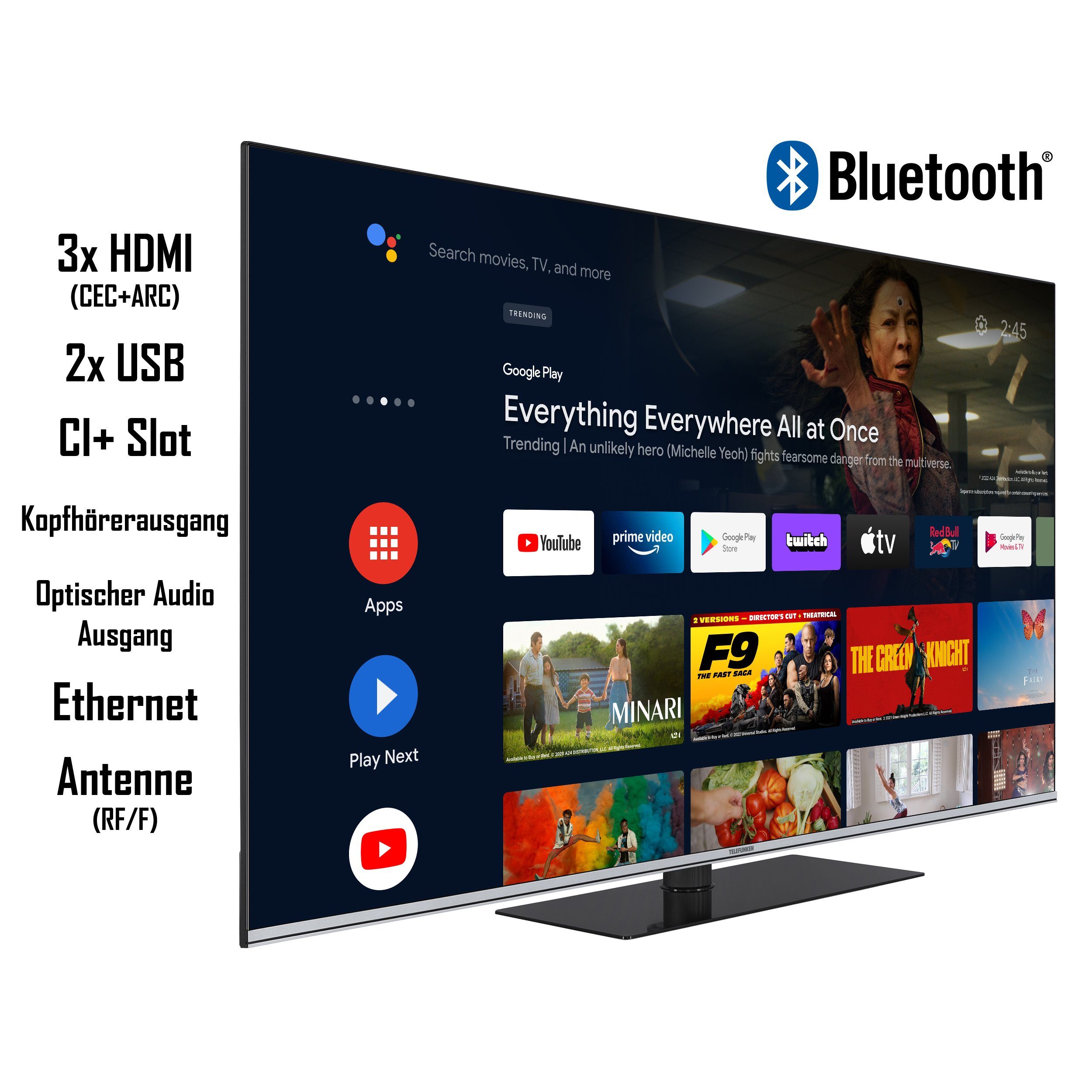 Telefunken cm/65 Atmos) Ultra (164 TV, TV, QU65AN900M Triple-Tuner, Bluetooth, HD, 4K QLED-Fernseher Android HDR Zoll, Dolby Vision, Dolby Smart