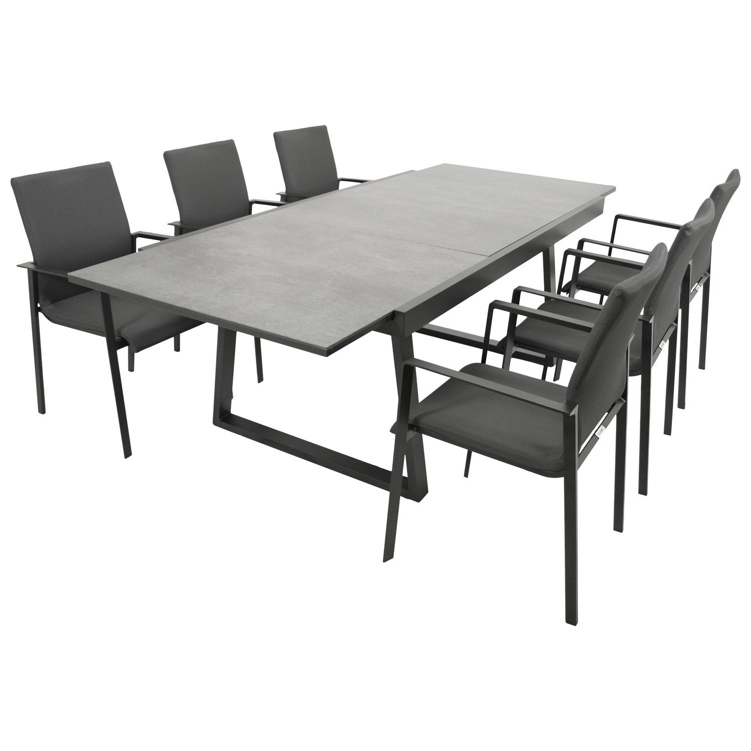 DEGAMO Garten-Essgruppe REIMS, (7-tlg., 6x Stapelsessel, 1x Ausziehtisch), Alu anthrazit, Stapelsessel, Tisch ausziehbar, Platte Keramikoptik