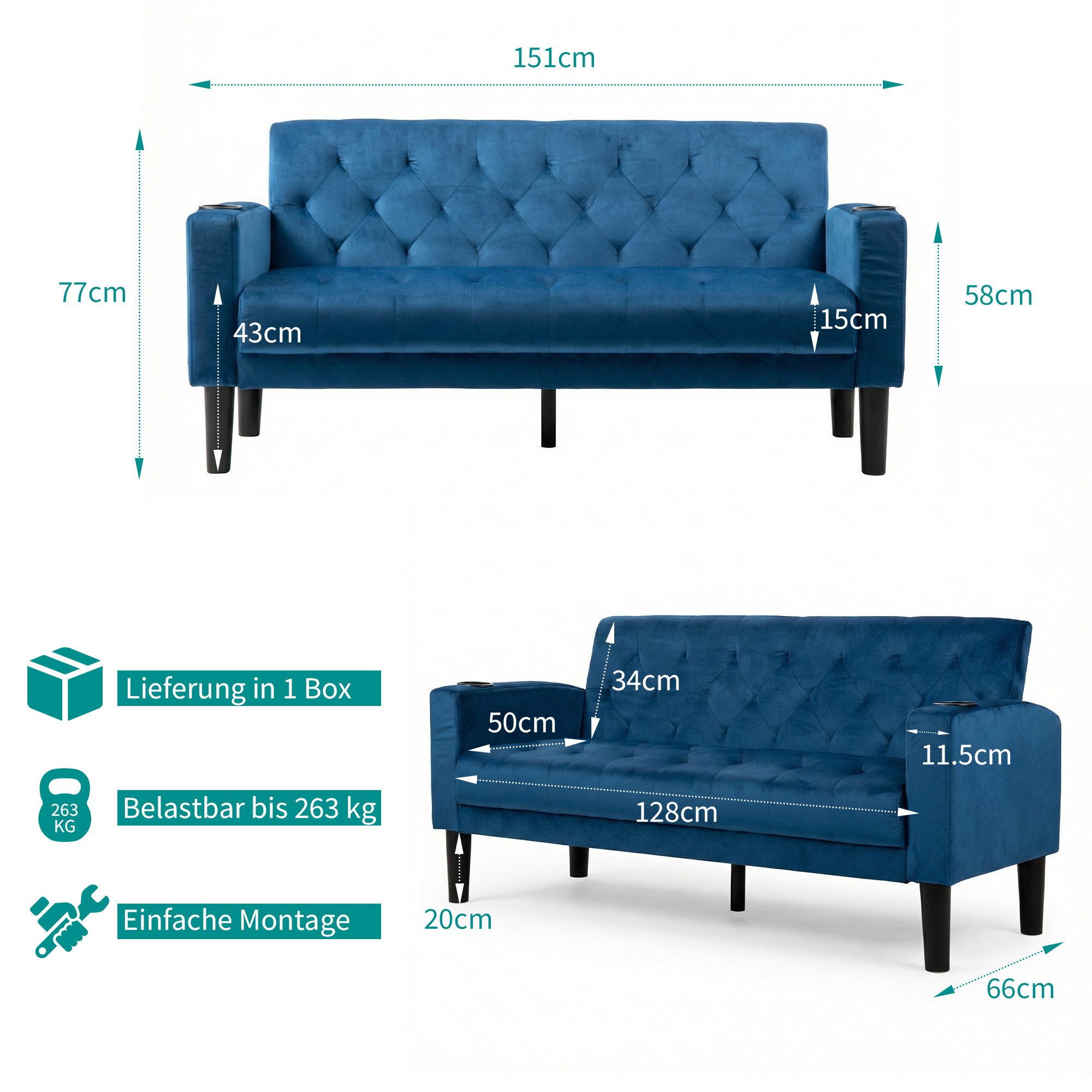 GRAVFORCE Sofa mit Ladeports und Becherhaltern 151cm Blau Samt, 1 Teile, für Wohnzimmer und Büro