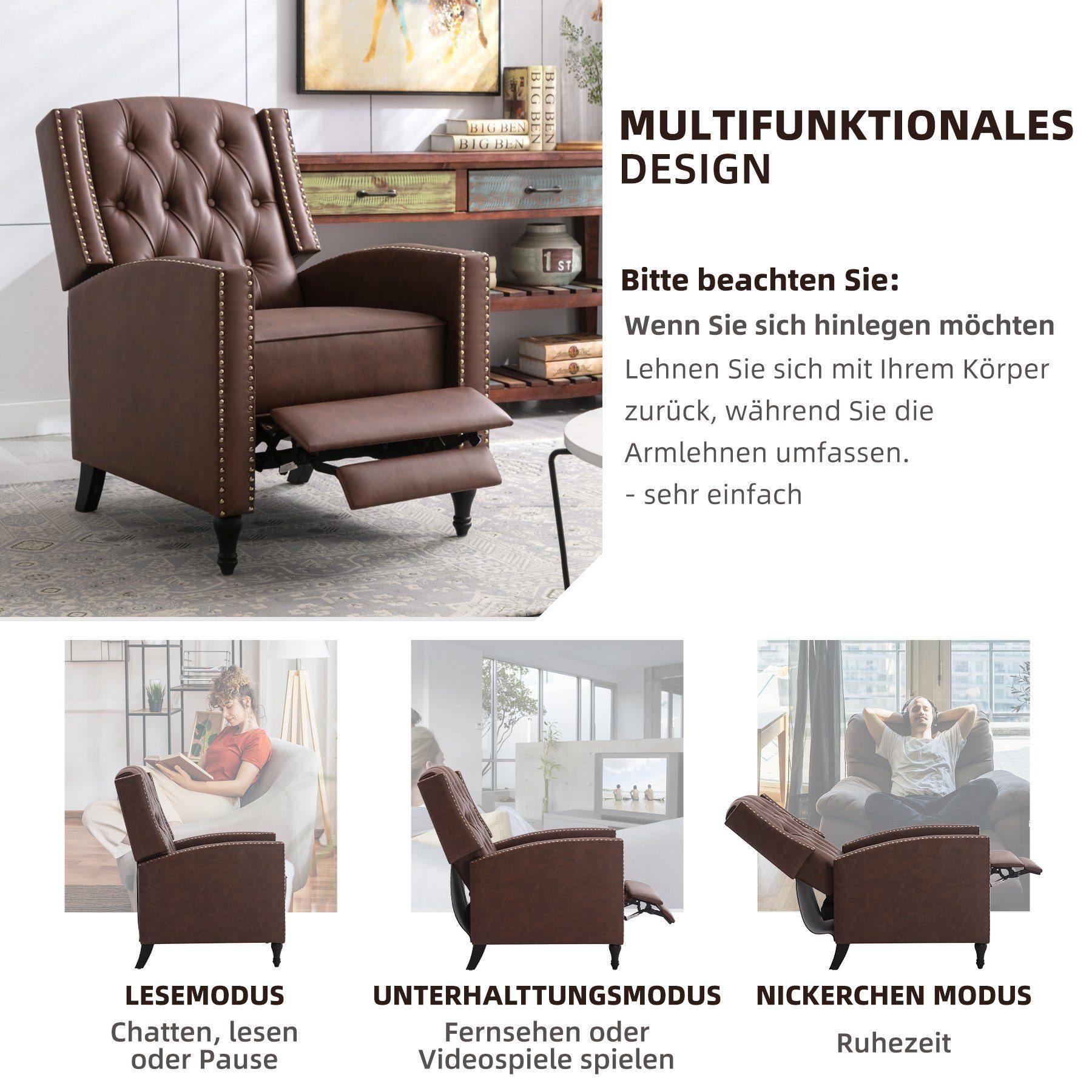HomeMiYN Relaxsessel Relaxsessel liegefunktion Push Back Sessel Fernsehsessel Wohnzimmer, Verstellbar