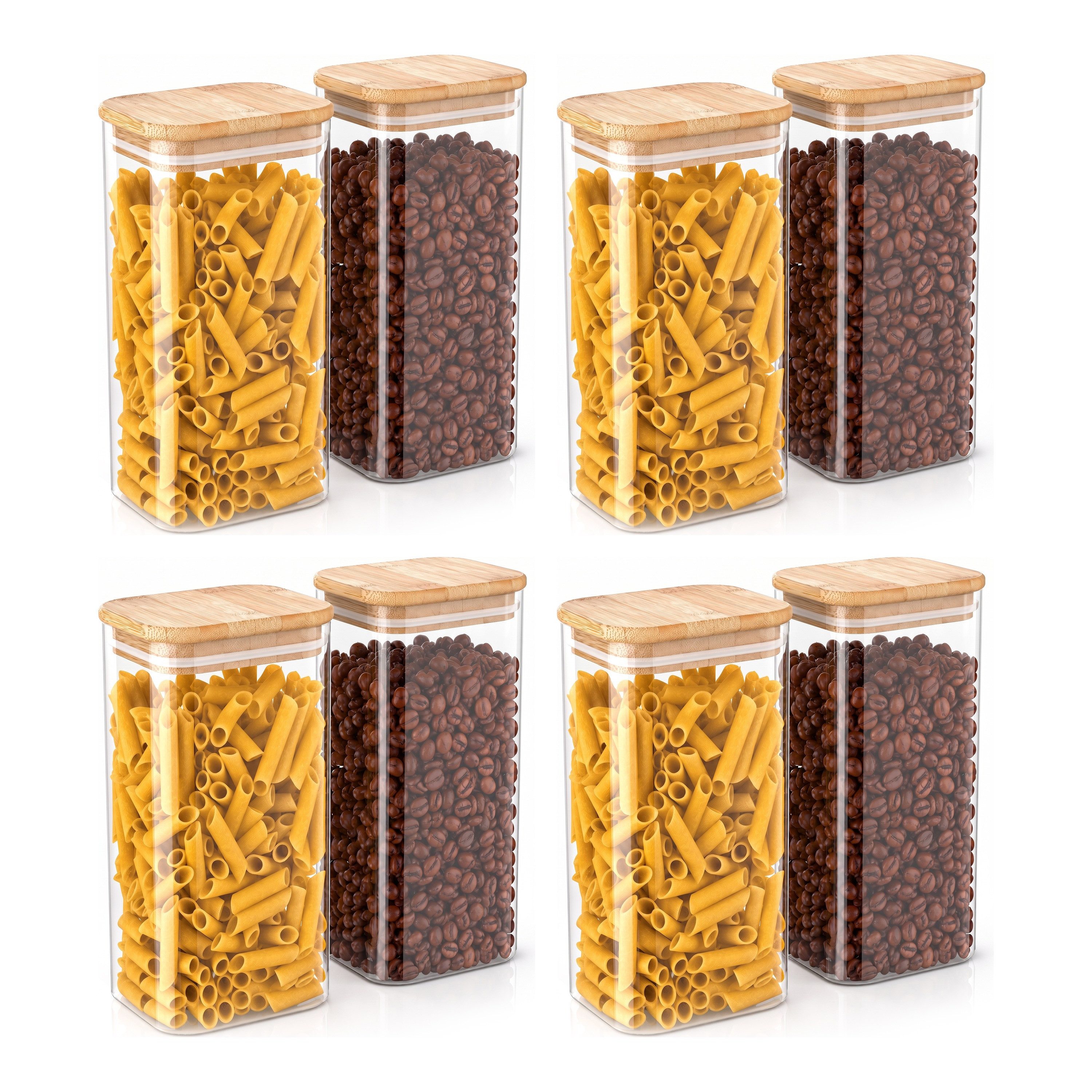 Arendo Vorratsglas eckig mit Bambusdeckel und Silikondichtung, luftdicht, Borosilikatglas, (Packung, 8-tlg., 8 x 1600 ml), Glas gefrier-, mikrowellen- & spülmaschinenfest, -40 bis +400 °C
