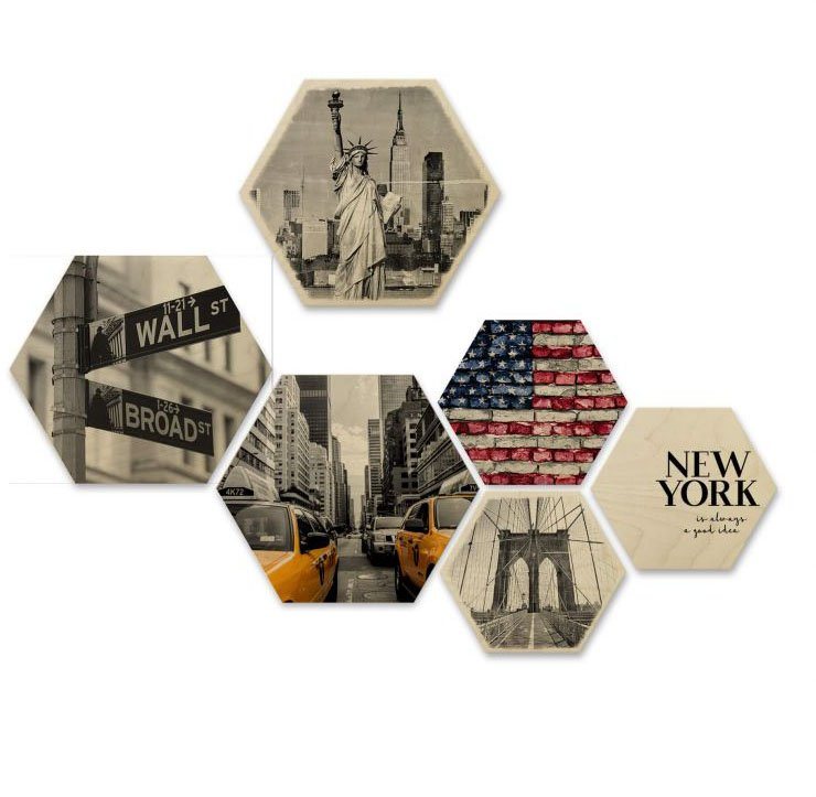 Wall-Art Mehrteilige Bilder New York Collage Stadt Holzdeko, (Set, 6 St)