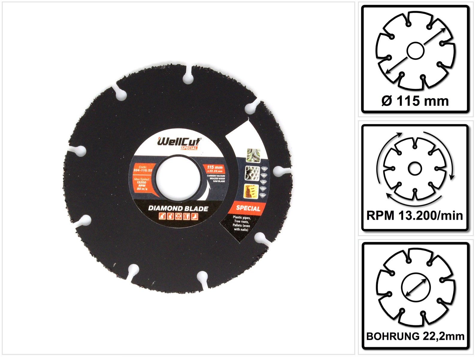 Wellcut Diamanttrennscheibe Diamant Trennscheibe 115x22,2mm Special (334 - 115 / 22), Ø 115 mm, (1-tlg)