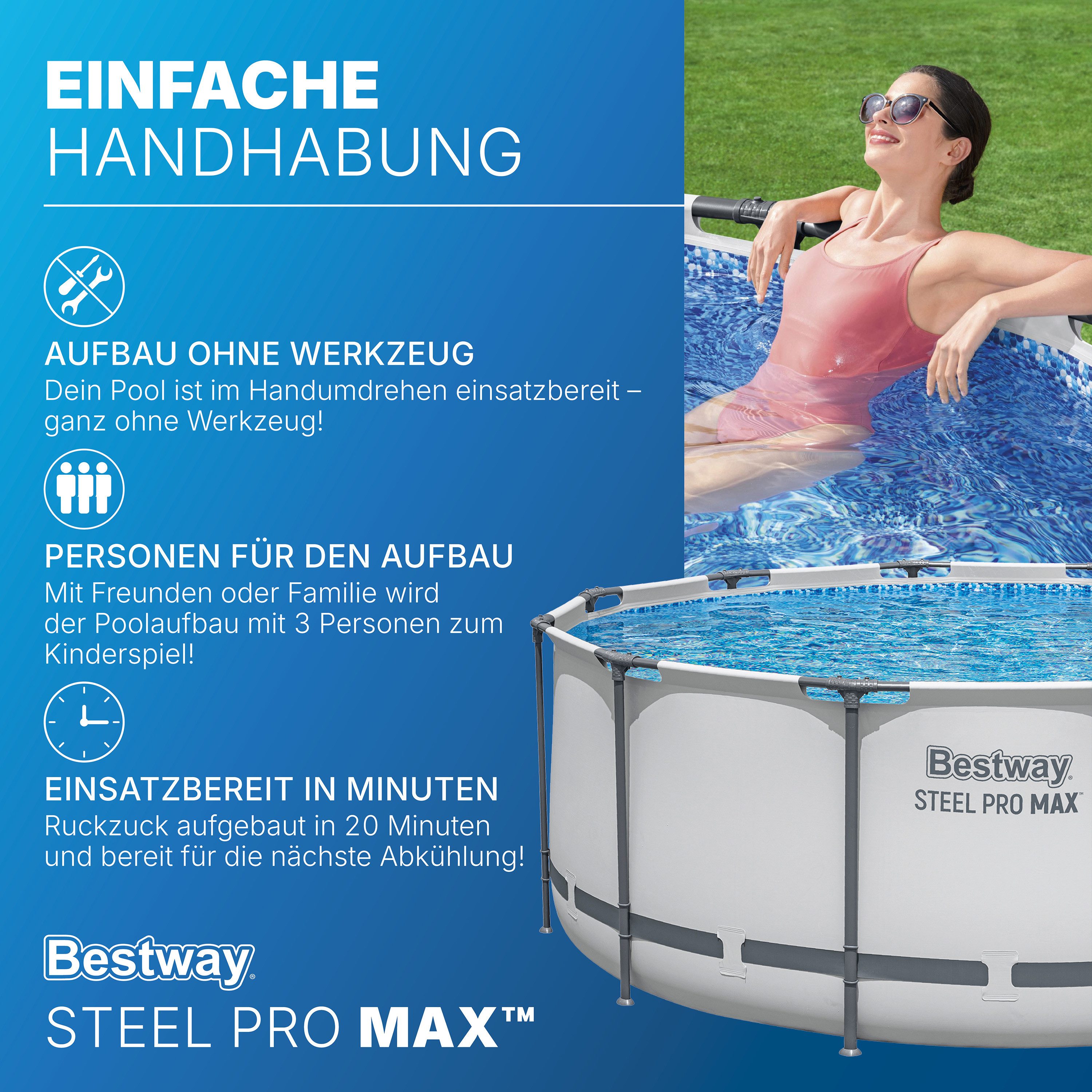 Bestway Framepool Steel Pro MAX (Set, mit Filterpumpe, Abdeckplane & Sicherheitsleiter), Ø 366 x 122 cm