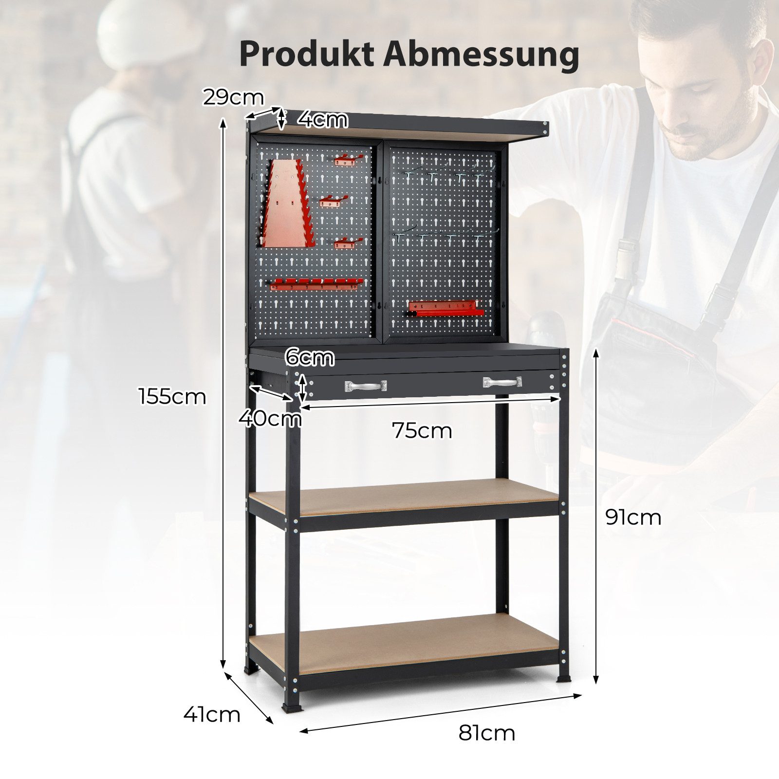 COSTWAY Arbeitstisch, mit 13 Zubehörteile, Lochwand & Schublade 81x41x155cm