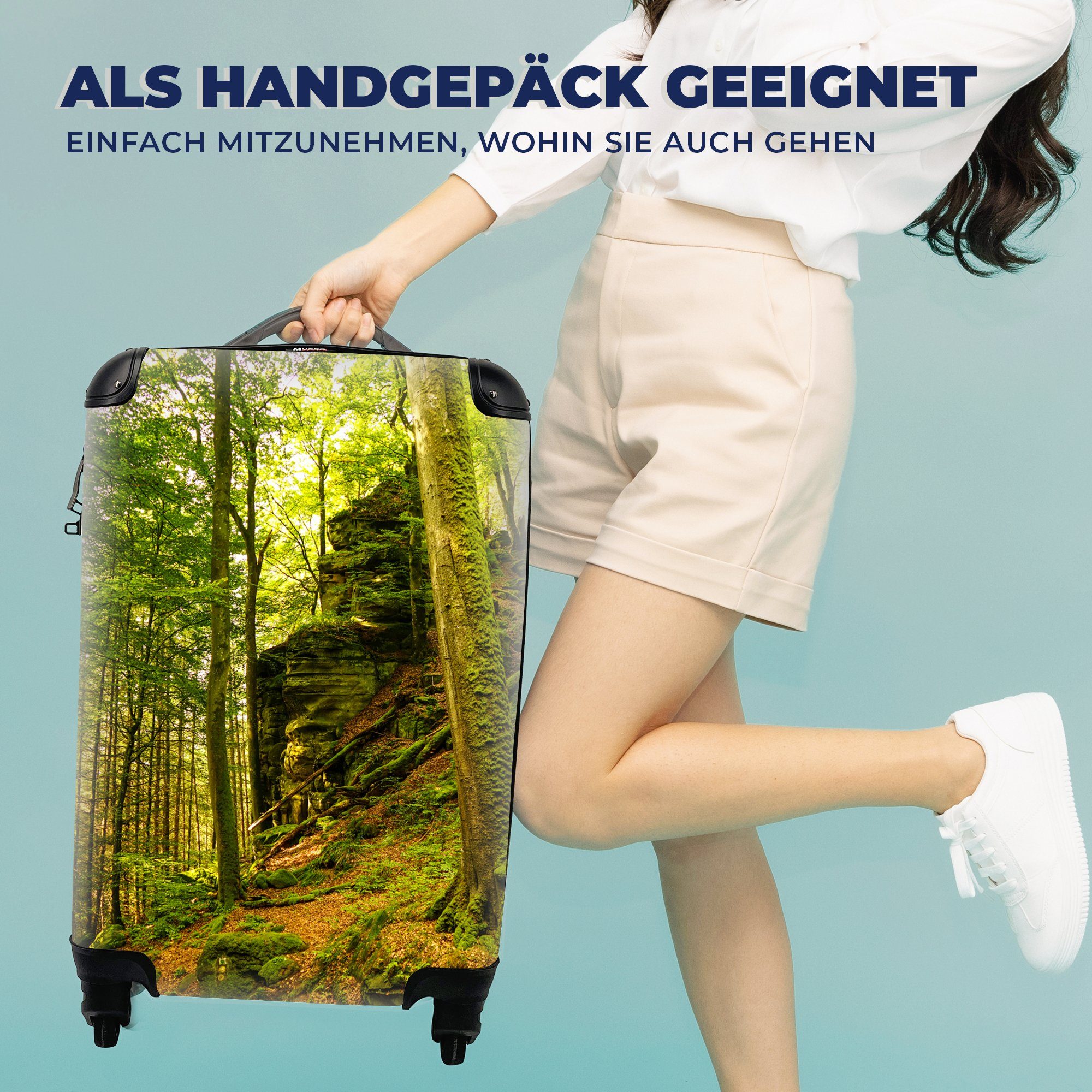 Wald Trolley, - Pflanzen, Handgepäckkoffer Handgepäck 4 Bäume Ferien, MuchoWow mit Reisekoffer für - - - Stein Rollen, rollen, Natur Reisetasche