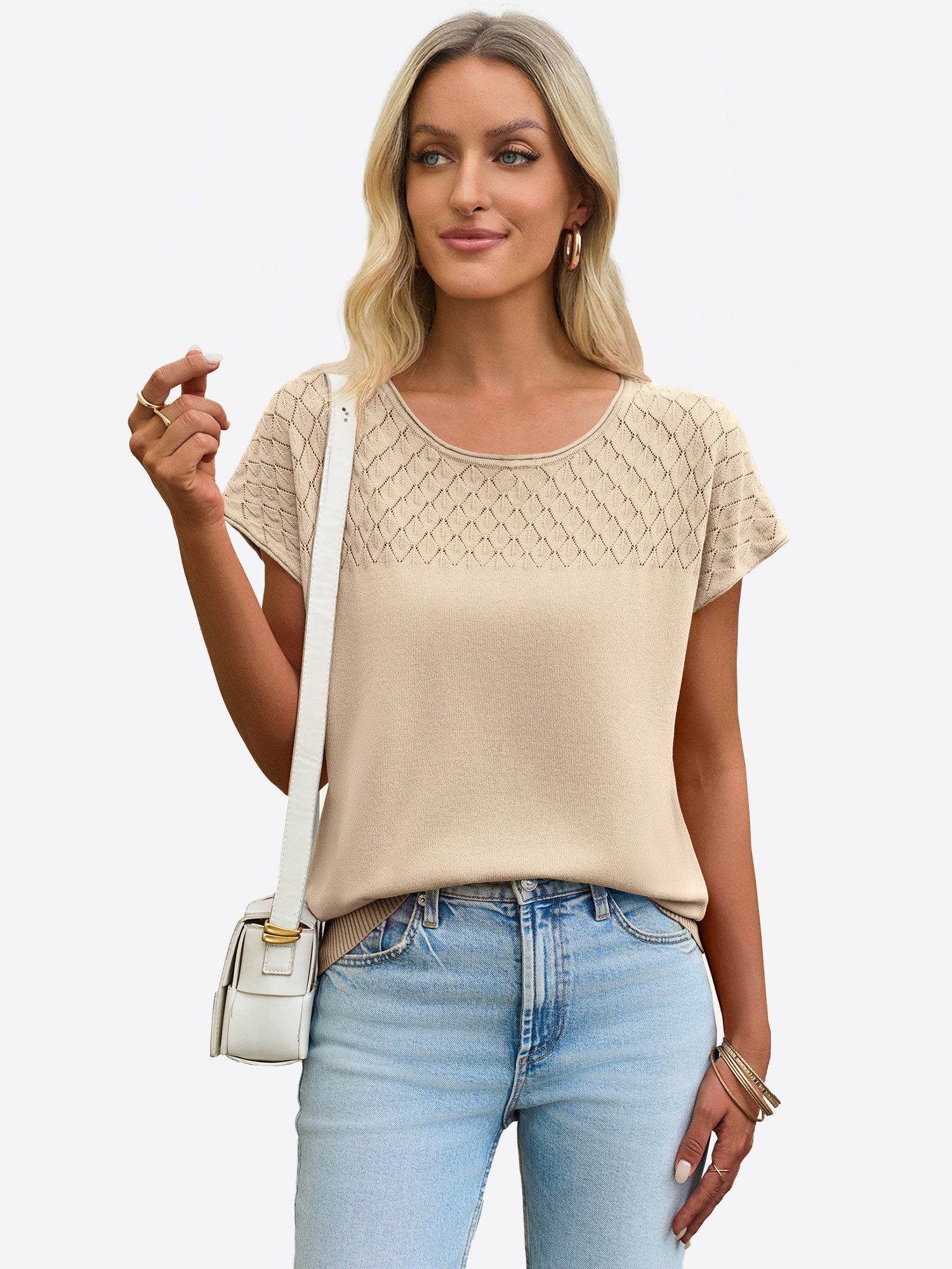 Imily Bela T-Shirt Damen Freizeit Kurzarm Strickshirt (Packung, 1-tlg., 1per-Pack) mit Häkeldetail – Bild 4 von 5