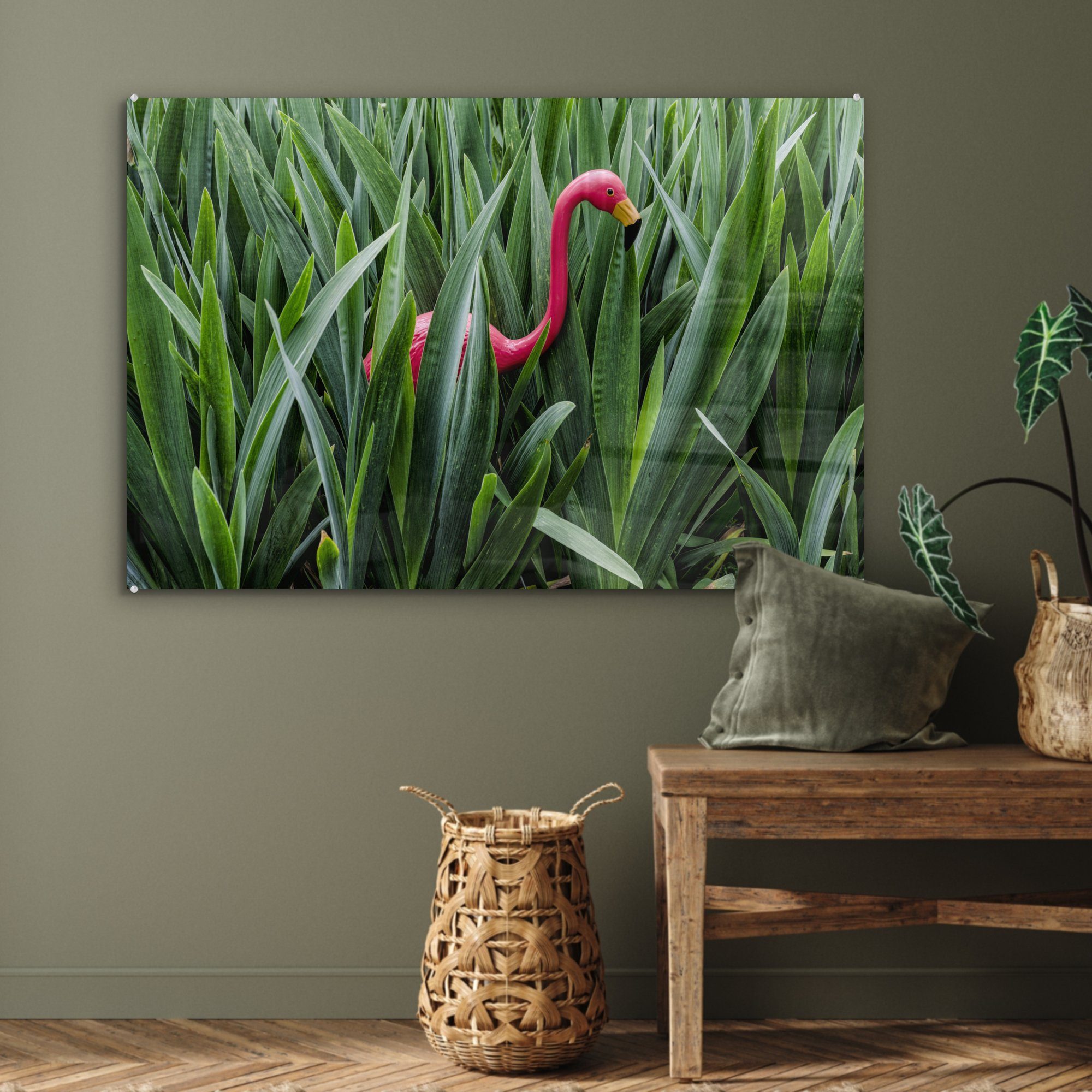 Acrylglasbilder St), Acrylglasbild zwischen Wohnzimmer MuchoWow & Blättern, (1 Flamingo Schlafzimmer