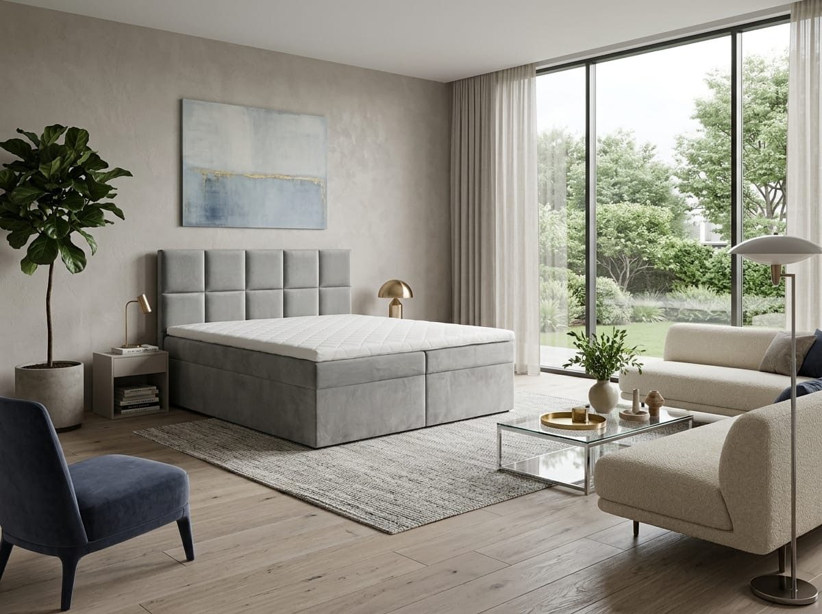 JVmoebel Boxspringbett Graues Bett 200 × 200 Doppelbett mit Matratze und Stauraum, Made in Europa