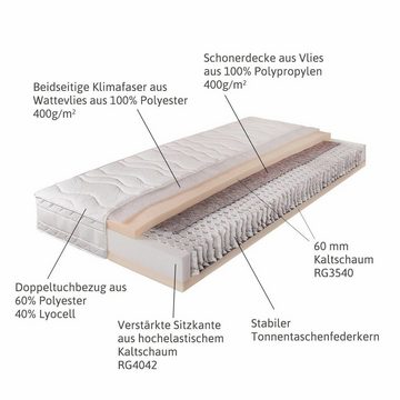 Taschenfederkernmatratze Matratze 180x200 Turim Härtegrad 3 (81-100), Mirabeau, 26 cm hoch