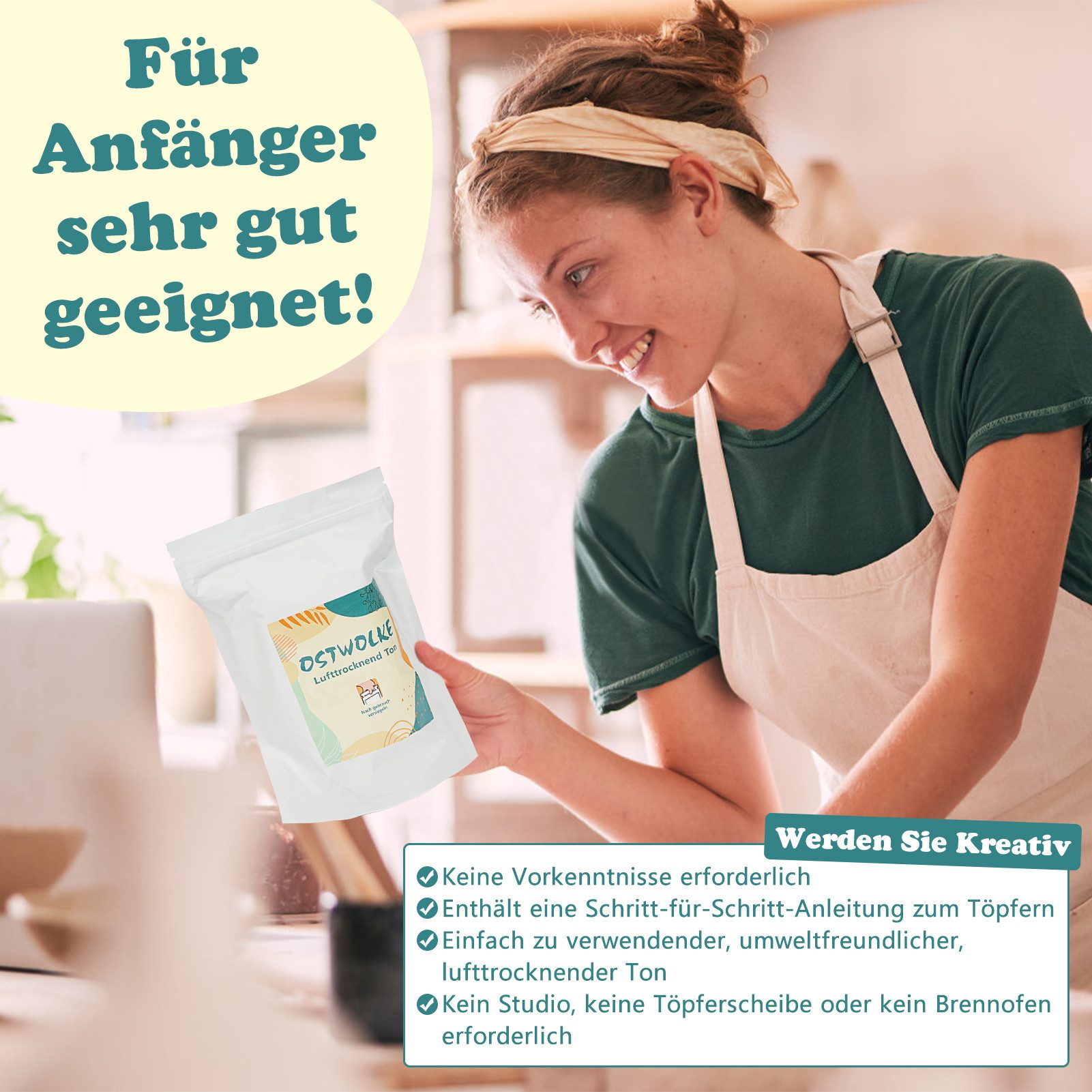 OSTWOLKE Modelliermasse DIY Töpferset für Anfänger für zuhause Lufttrocknend Pottery Set, mit Anleitung