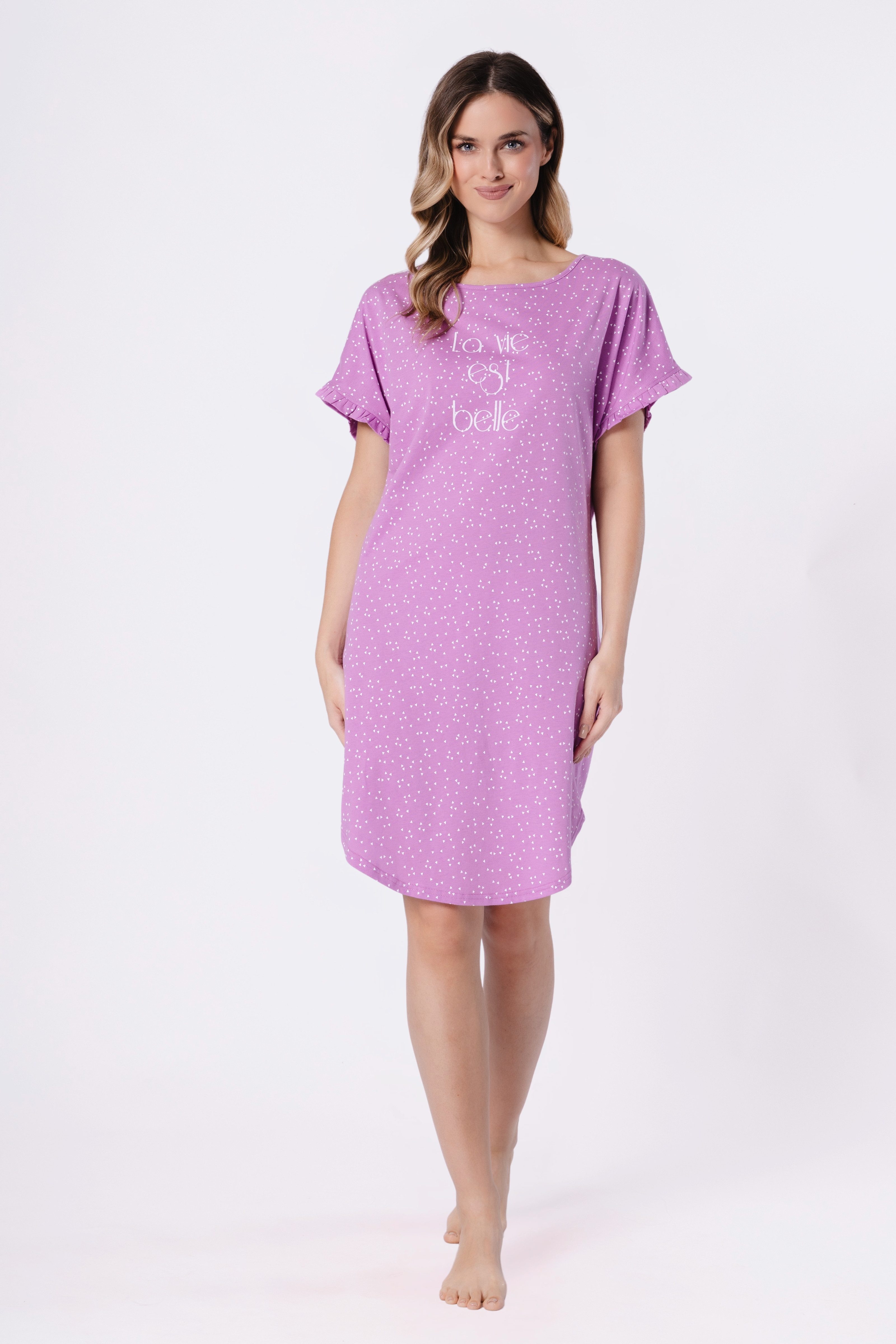 COOLISMO NIGHTWEAR Nachthemd Damen Schlaf-Shirt Baumwolle knielanges Nachthemd in Lila mit Muster & verspielten Rüschendetail