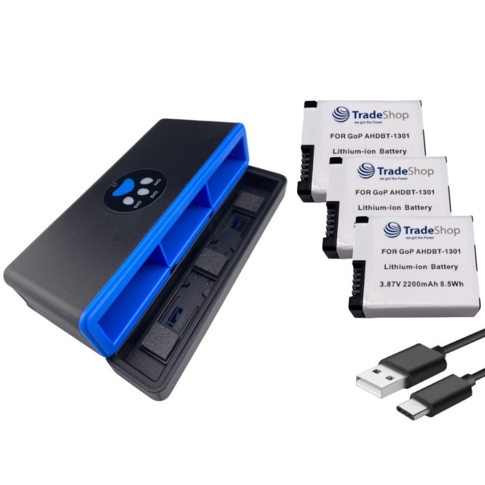 4in1 Set passend für GoPro AHDBT-1301PR CPSS1B - Triple Ladebox + 3x Kamera-Akku