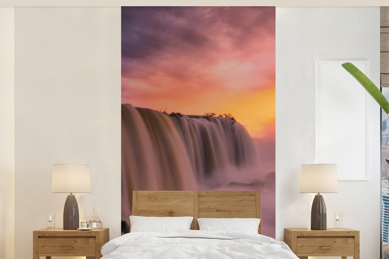 MuchoWow Fototapete Wasserfall - Sonnenuntergang - Natur, Matt, bedruckt, (2 St), Vliestapete für Wohnzimmer Schlafzimmer Küche, Fototapete | Fototapeten