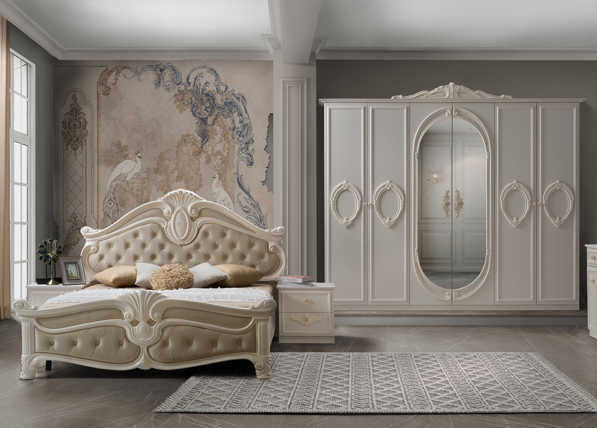 Interdesign24 Schlafzimmer-Set Aurora, (4-teilig, im klassischen Barock Stil, inkl. Bett 160 x 200 cm mit gepolstertem Kopf- und Fußteil), in Cremeweiß/Beige