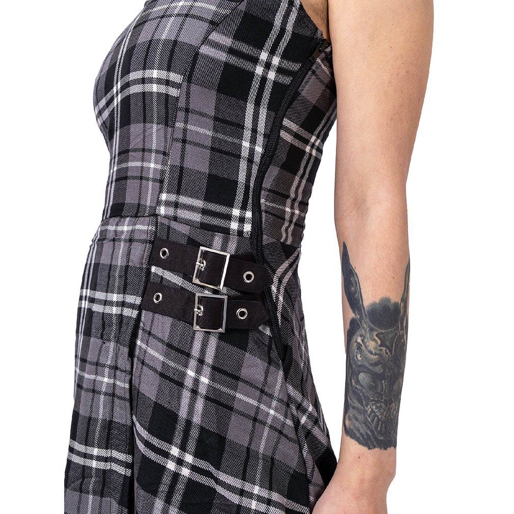 Heartless A-Linien-Kleid Kina Dress Grau Kariert Punk Zierschnürung Riemen