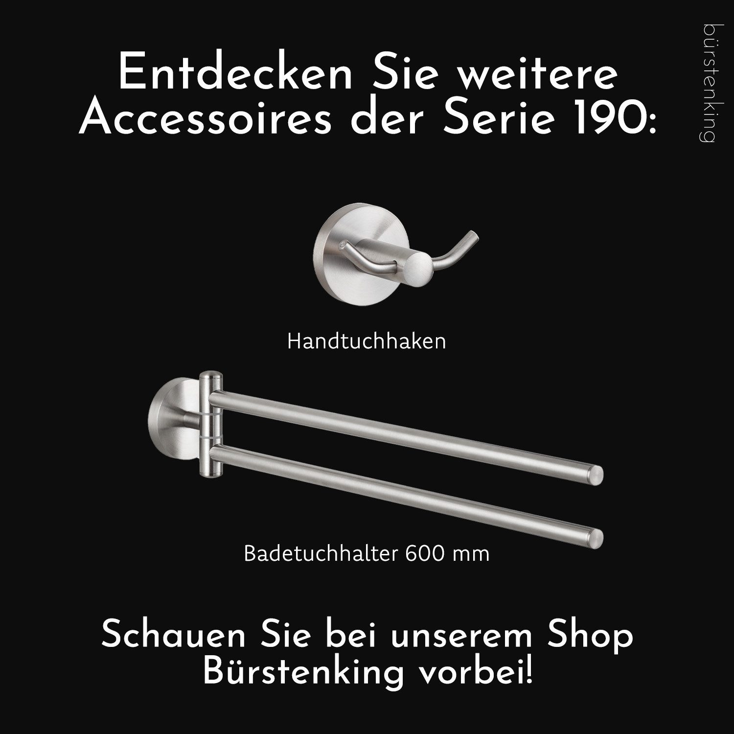 Bürstenking Handtuchhalter 60 cm Wand Badetuchhalter – Edelstahl gebürstet, rostfrei, Serie 190, Rostfrei, langlebig, platzsparend – Bild 5 von 5