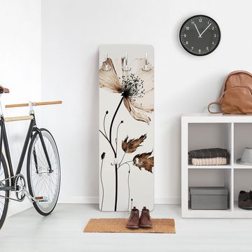 Bilderdepot24 Garderobenpaneel braun Blumen Floral Transparente Blüte Braun Design (ausgefallenes Flur Wandpaneel mit Garderobenhaken Kleiderhaken hängend), moderne Wandgarderobe - Flurgarderobe im schmalen Hakenpaneel Design